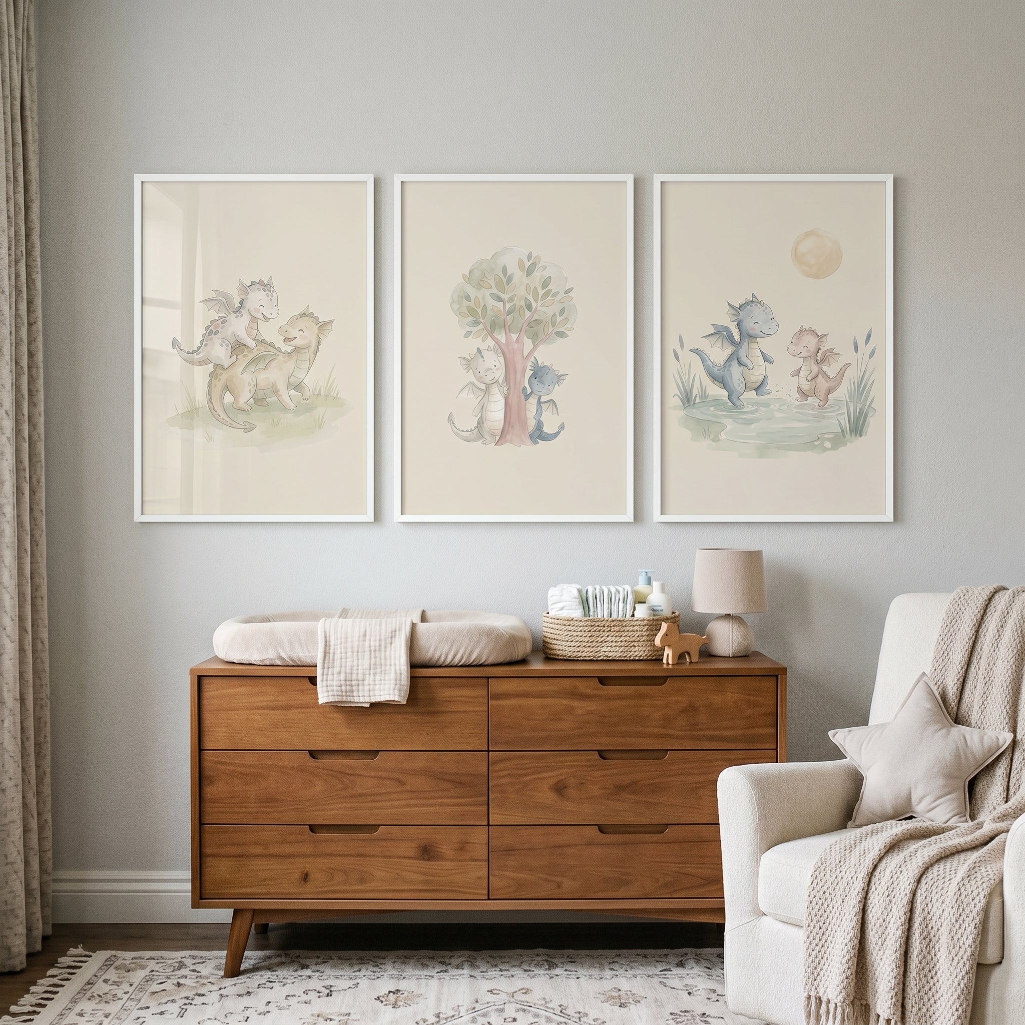 Earthy Neutral Baby Dragon Wall Art Set of 3 - Sweet Mythical Play