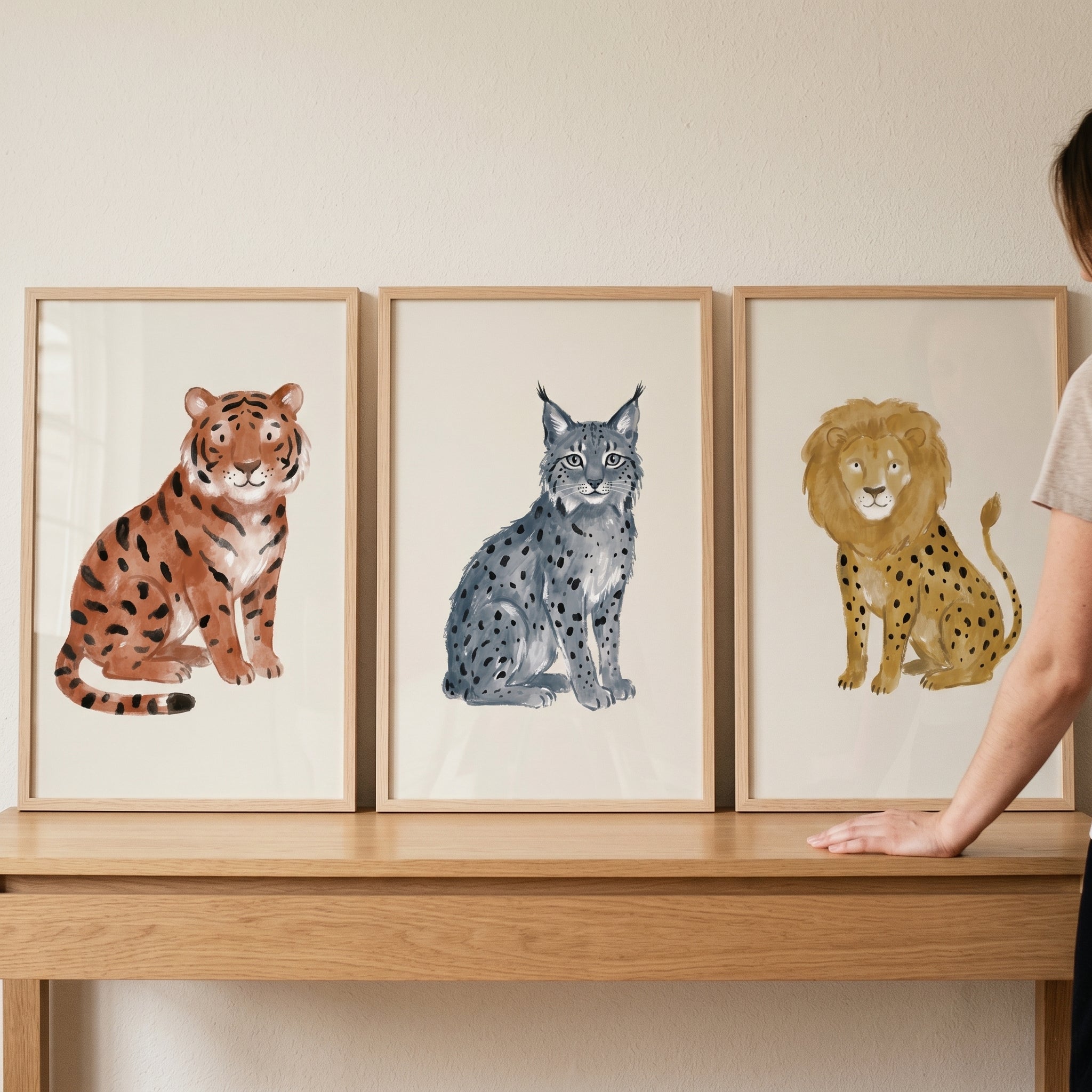 Earthy Neutral Big Cat Wall Art Set of 3 - Whimsical Wild Cats