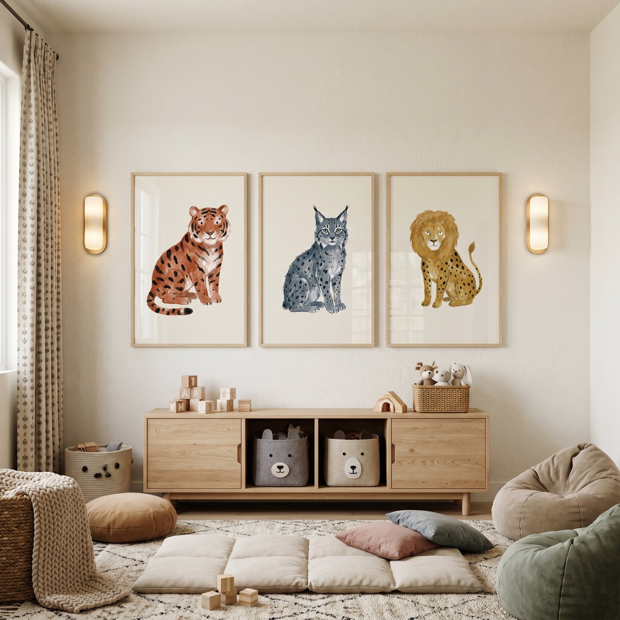 Earthy Neutral Big Cat Wall Art Set of 3 - Whimsical Wild Cats