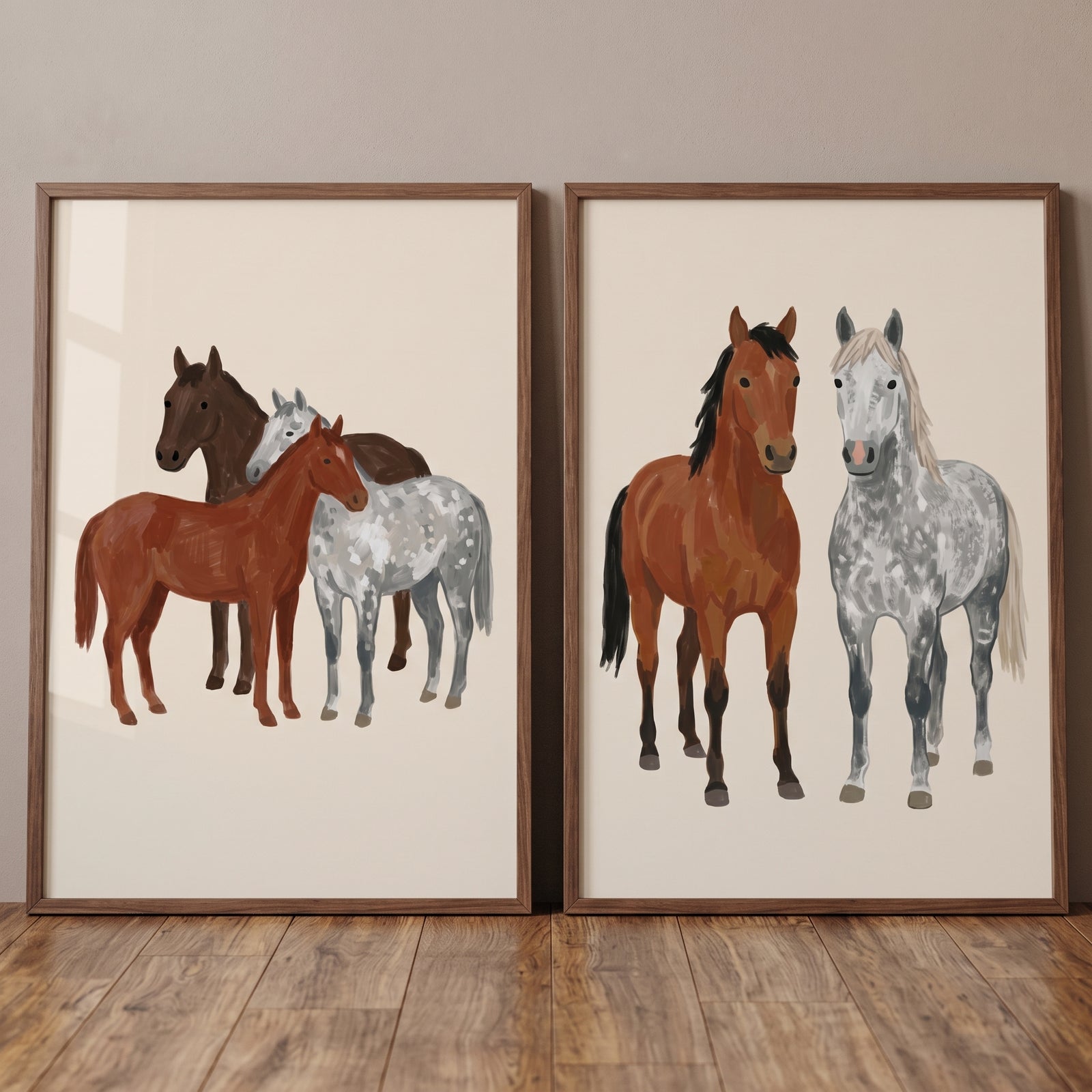 earthy neutral brown horse wall art set of 2 featuring five horses with solid and spotted coats against a cream backdrop.