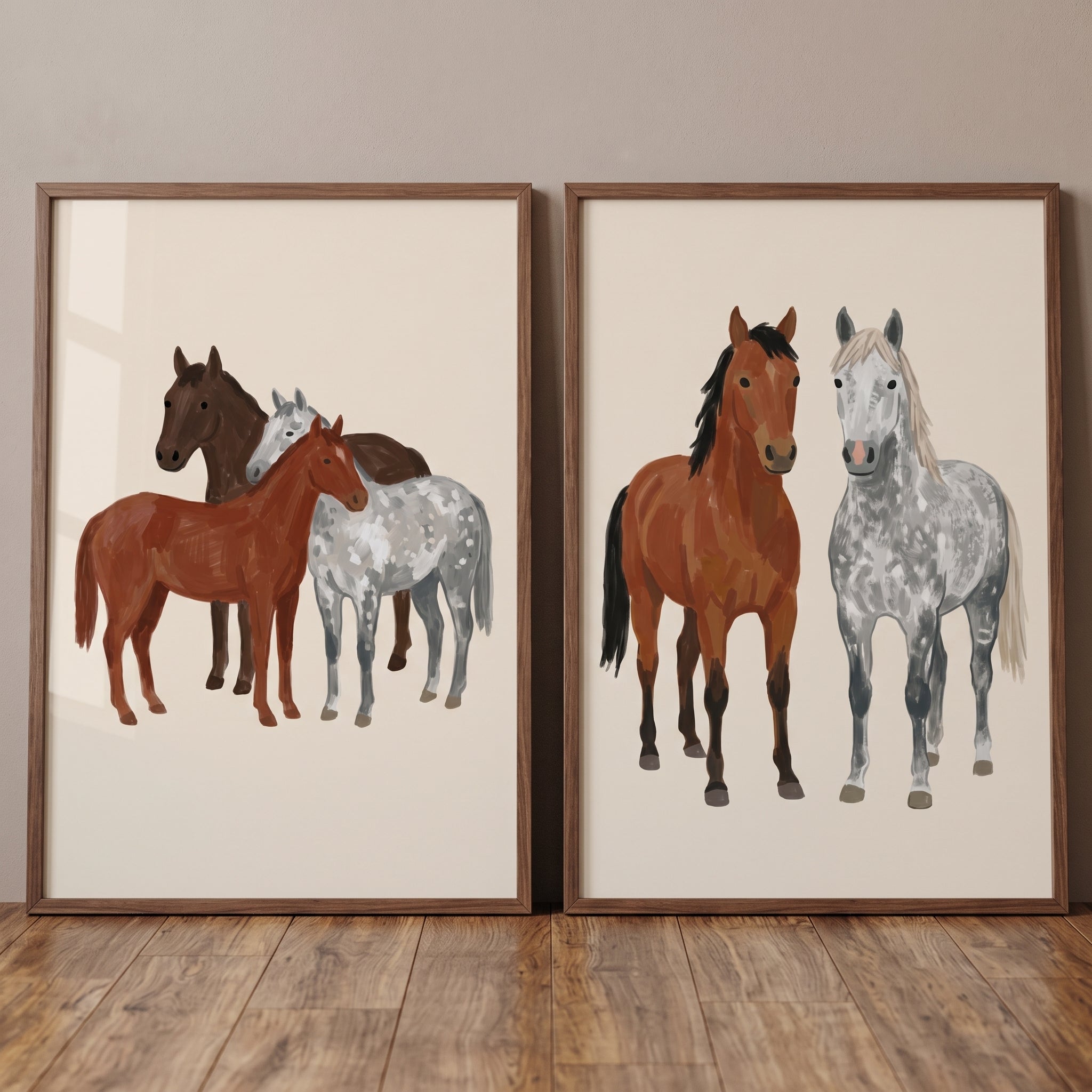 Earthy Neutral Brown Horse Wall Art Set of 2 - Gentle Equine Friends