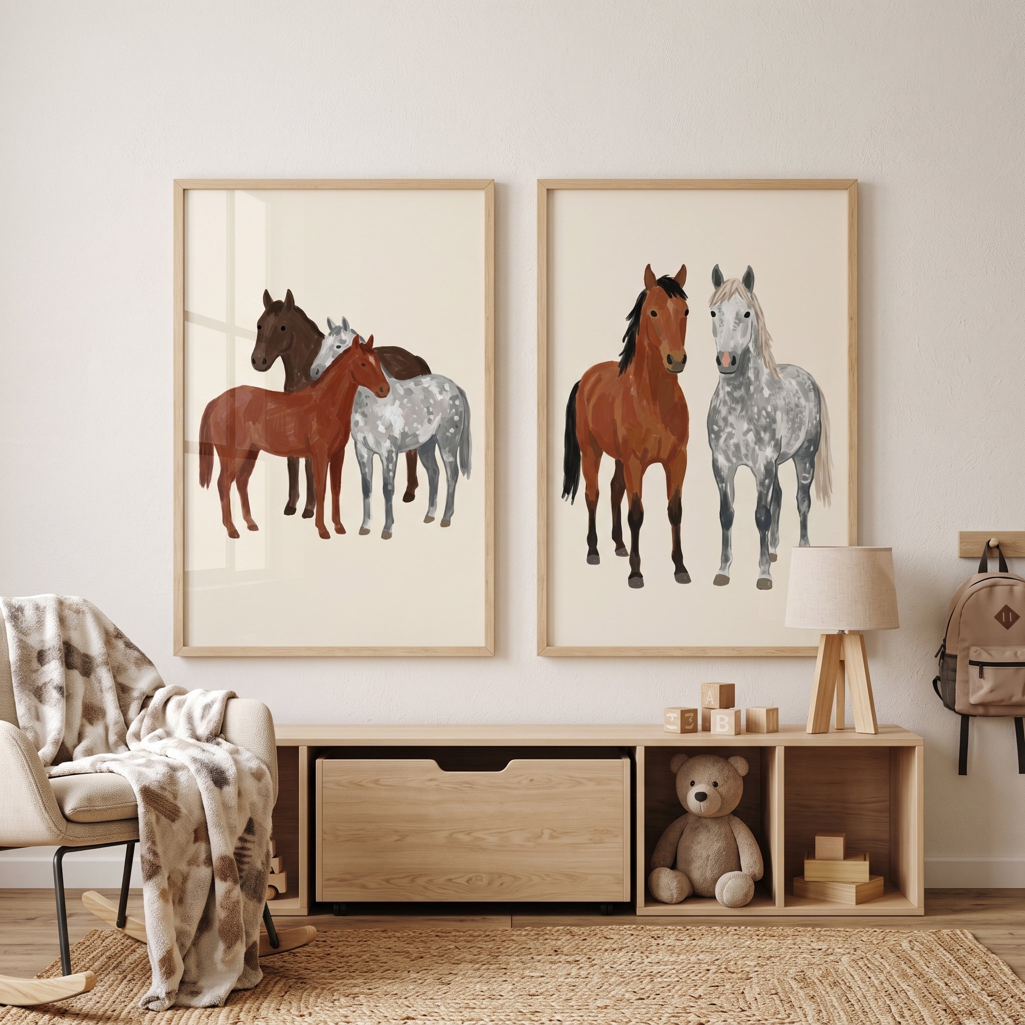 Earthy Neutral Brown Horse Wall Art Set of 2 - Gentle Equine Friends