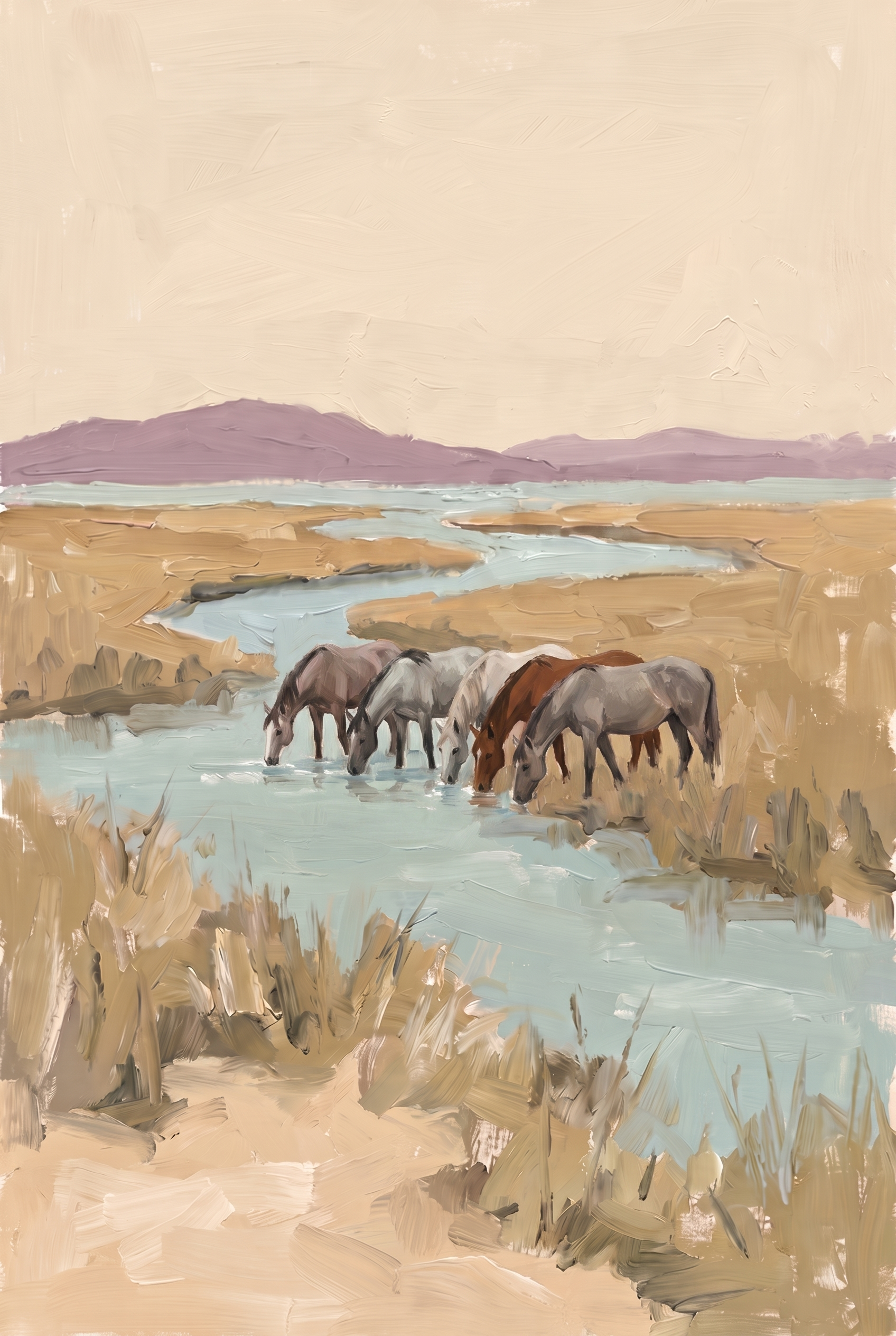 Earthy Neutral Drinking Horses Wall Art - Wild Horse Stream