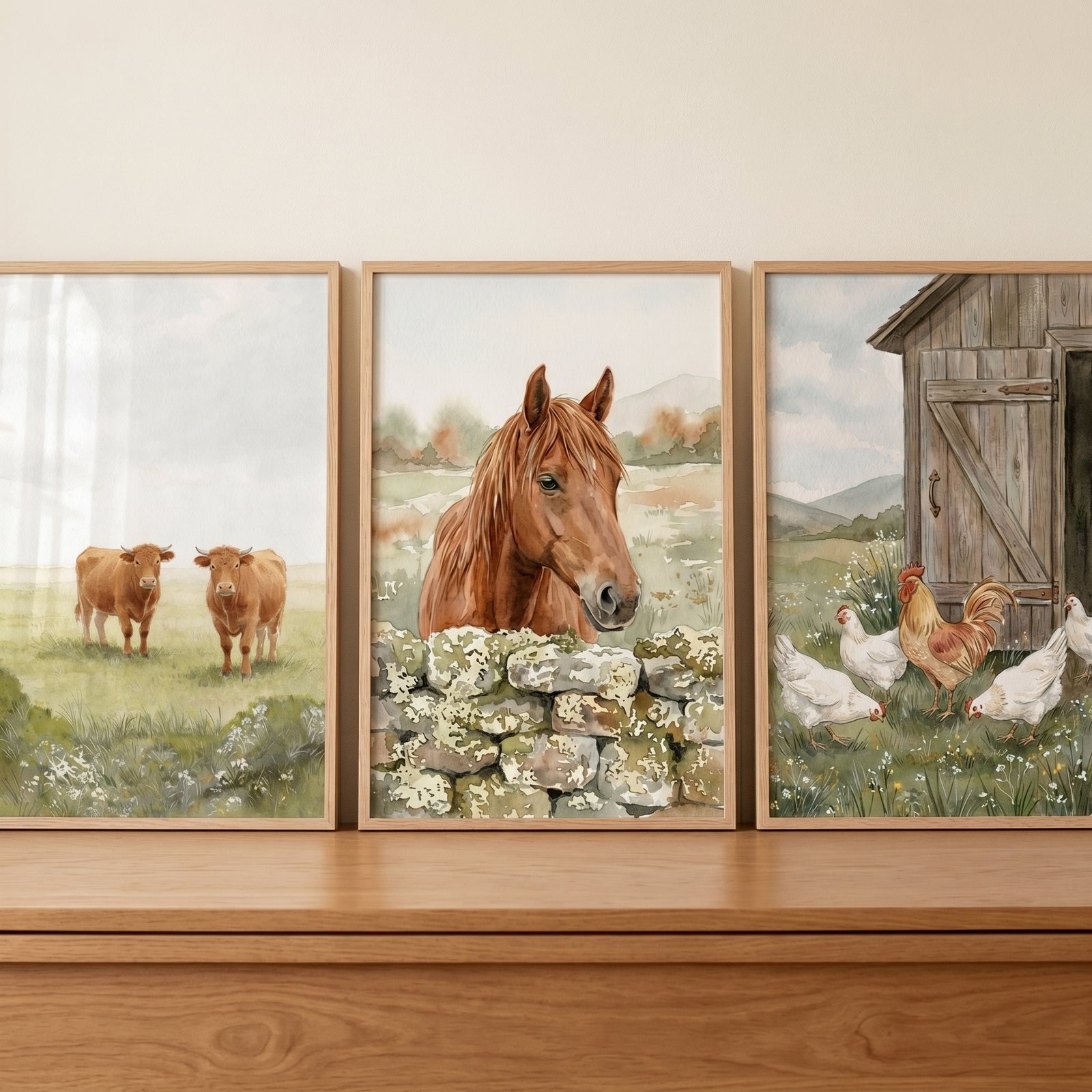 Earthy neutral farm animal wall art set of 3 with cows, a horse at a stone wall, and chickens near a barn.