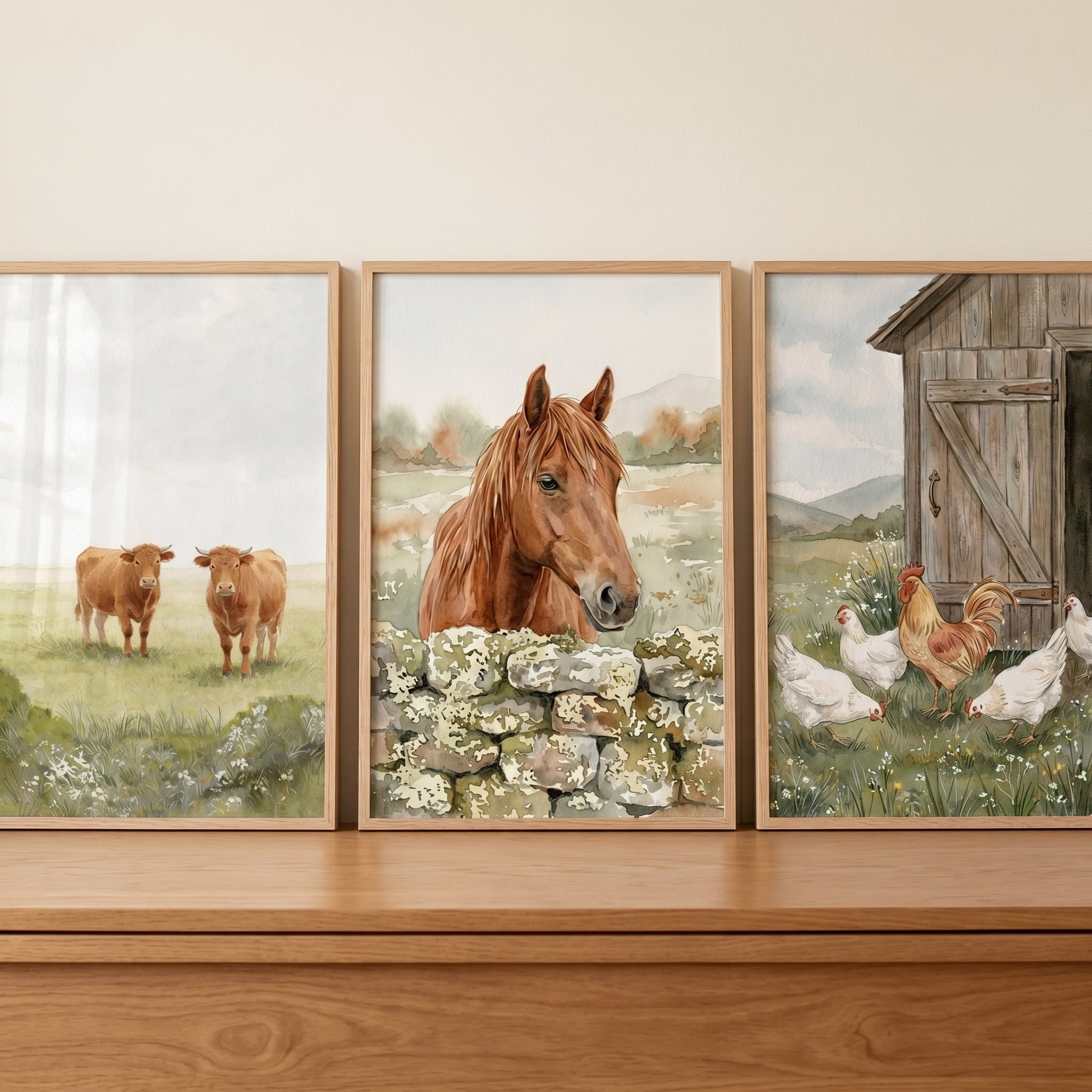 Earthy Neutral Farm Animal Wall Art Set of 3 - Countryside Animal Trio