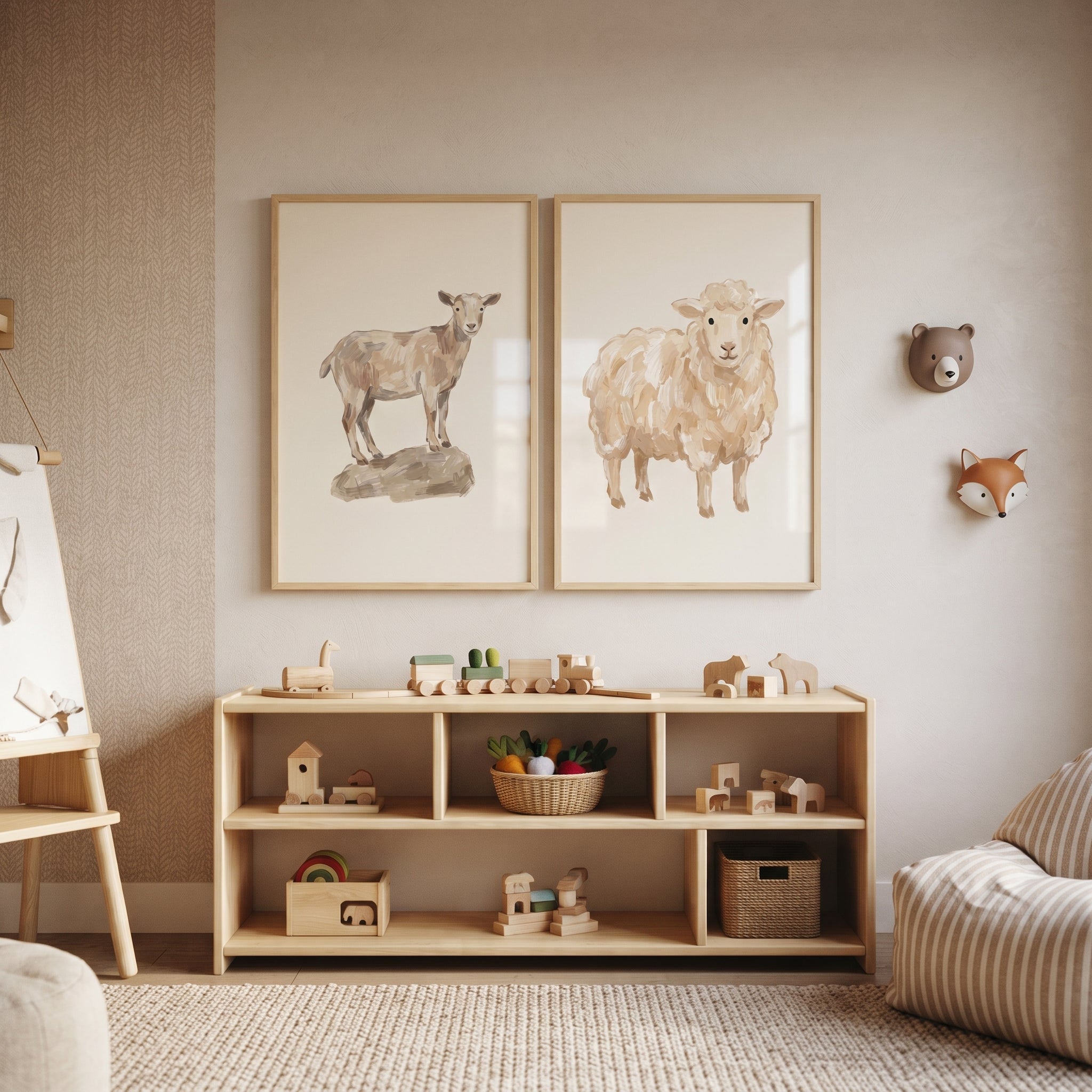 Earthy Neutral Farm Animals Wall Art Set of 2 - Neutral Animal Duo