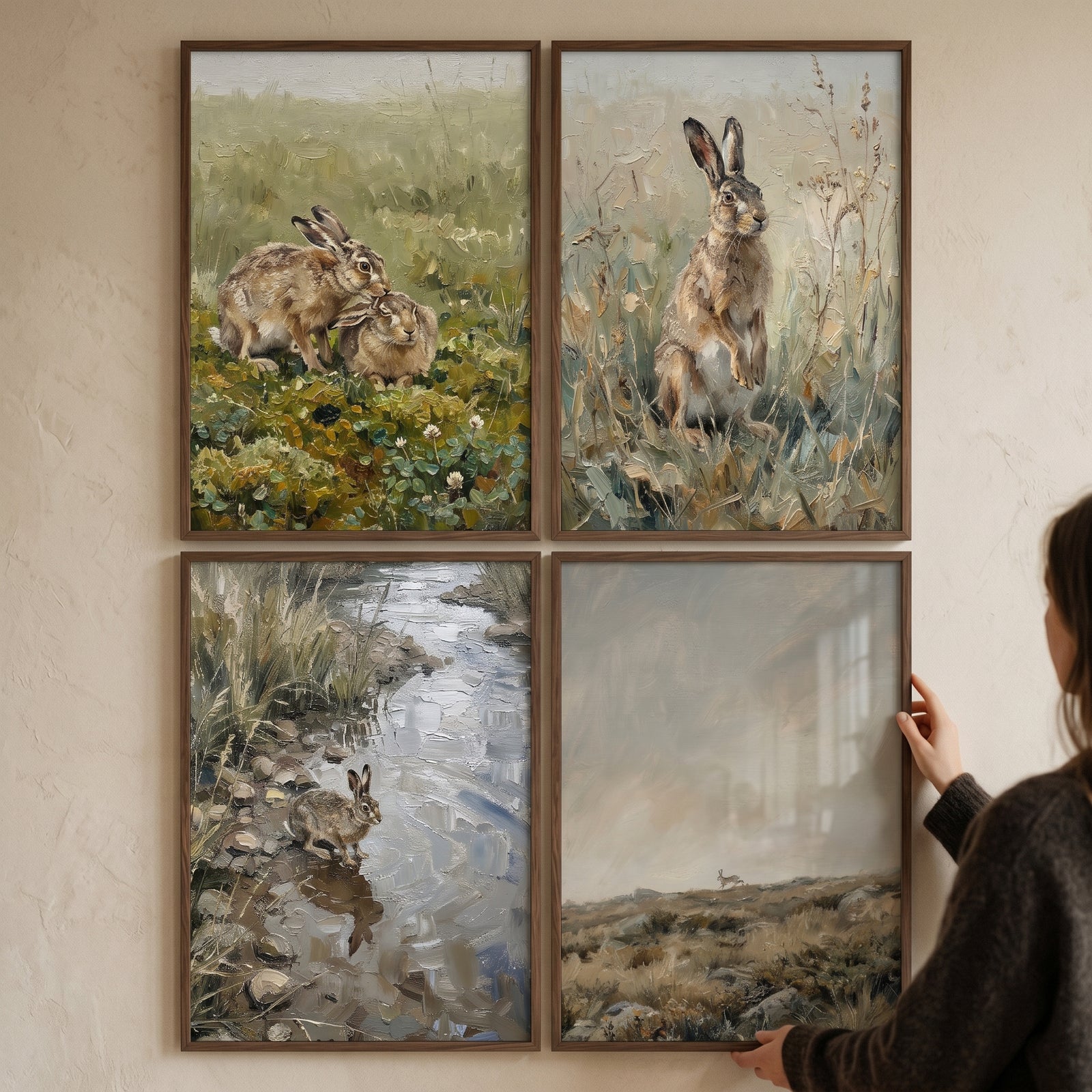 Earthy neutral field bunny wall art set of 4 in wood frames, featuring hares in various natural landscape scenes.