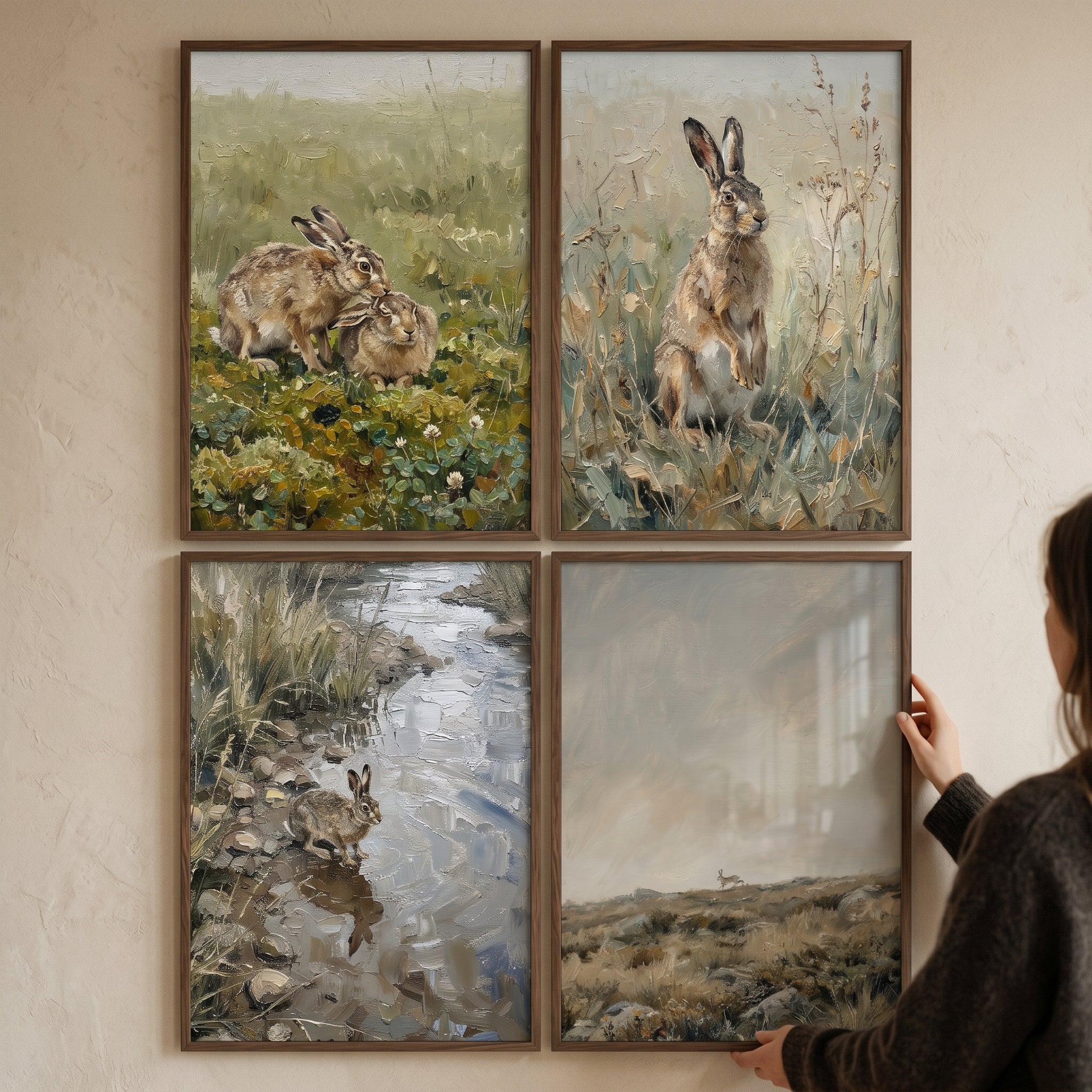 Earthy Neutral Field Bunny Wall Art Set of 4 - Bunny Tales