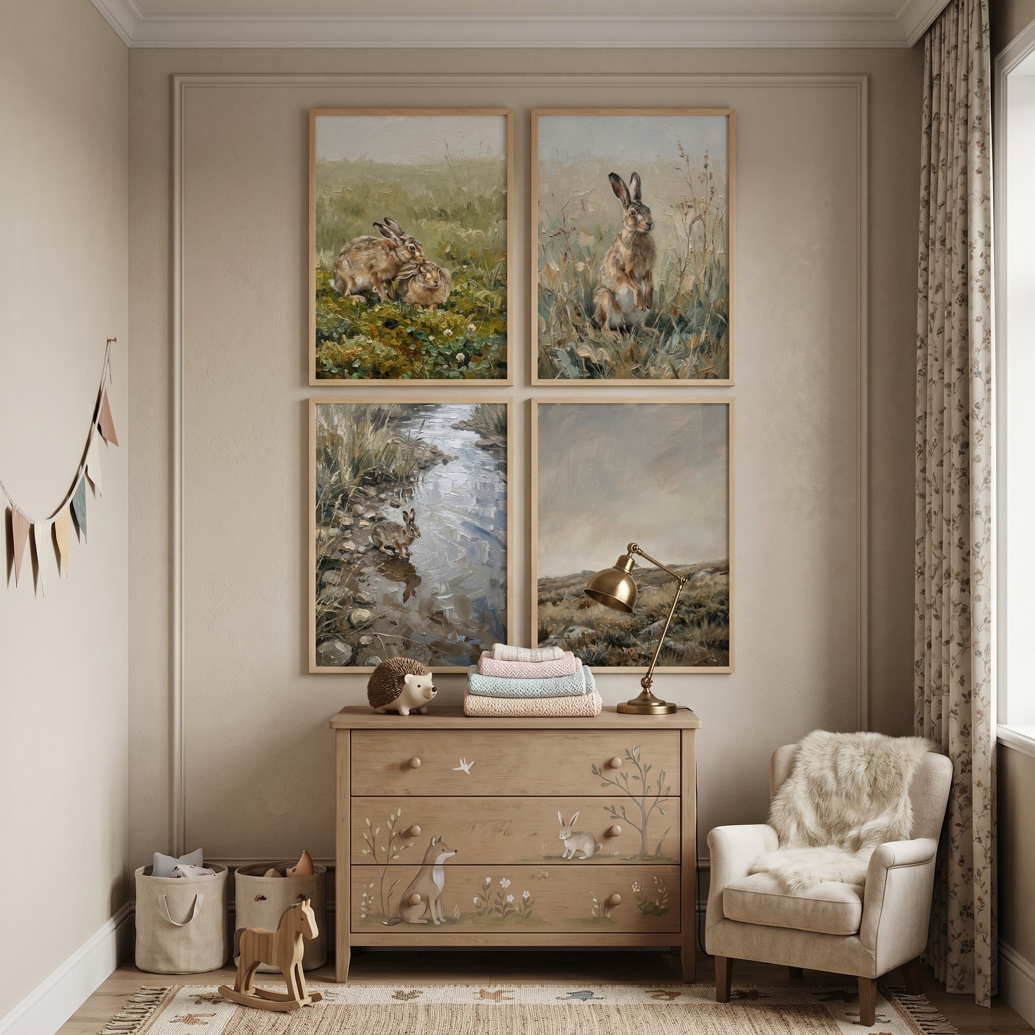 Earthy Neutral Field Bunny Wall Art Set of 4 - Bunny Tales