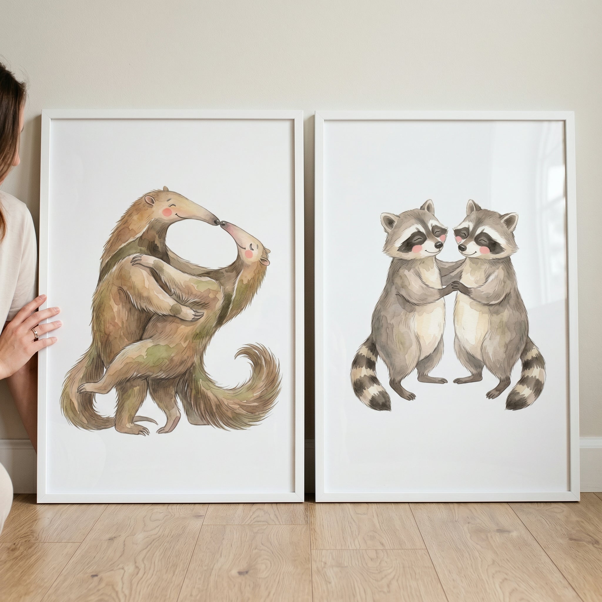 Earthy Neutral Hugging Animals Wall Art Set of 2 - Whimsical Woodland Hugs