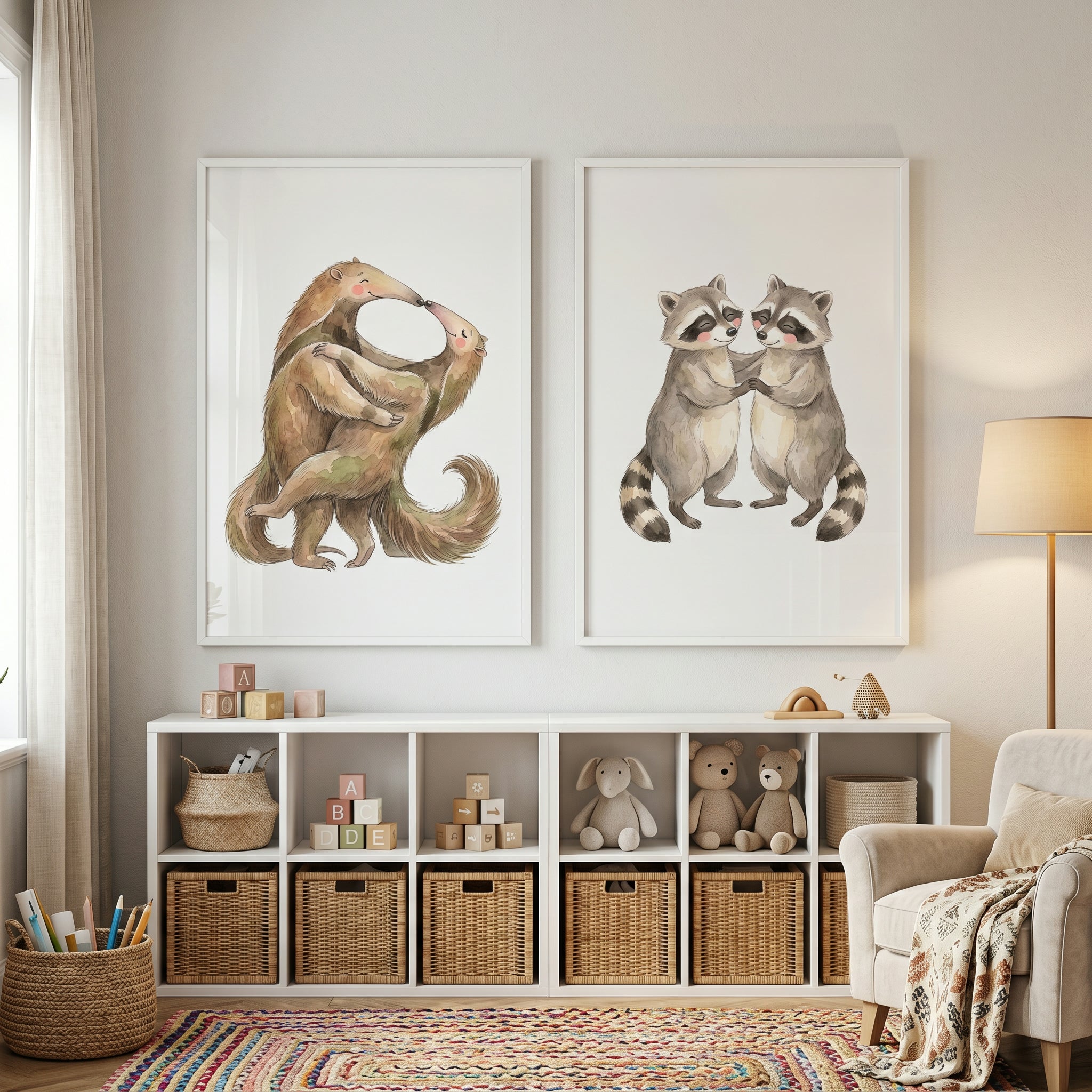 Earthy Neutral Hugging Animals Wall Art Set of 2 - Whimsical Woodland Hugs
