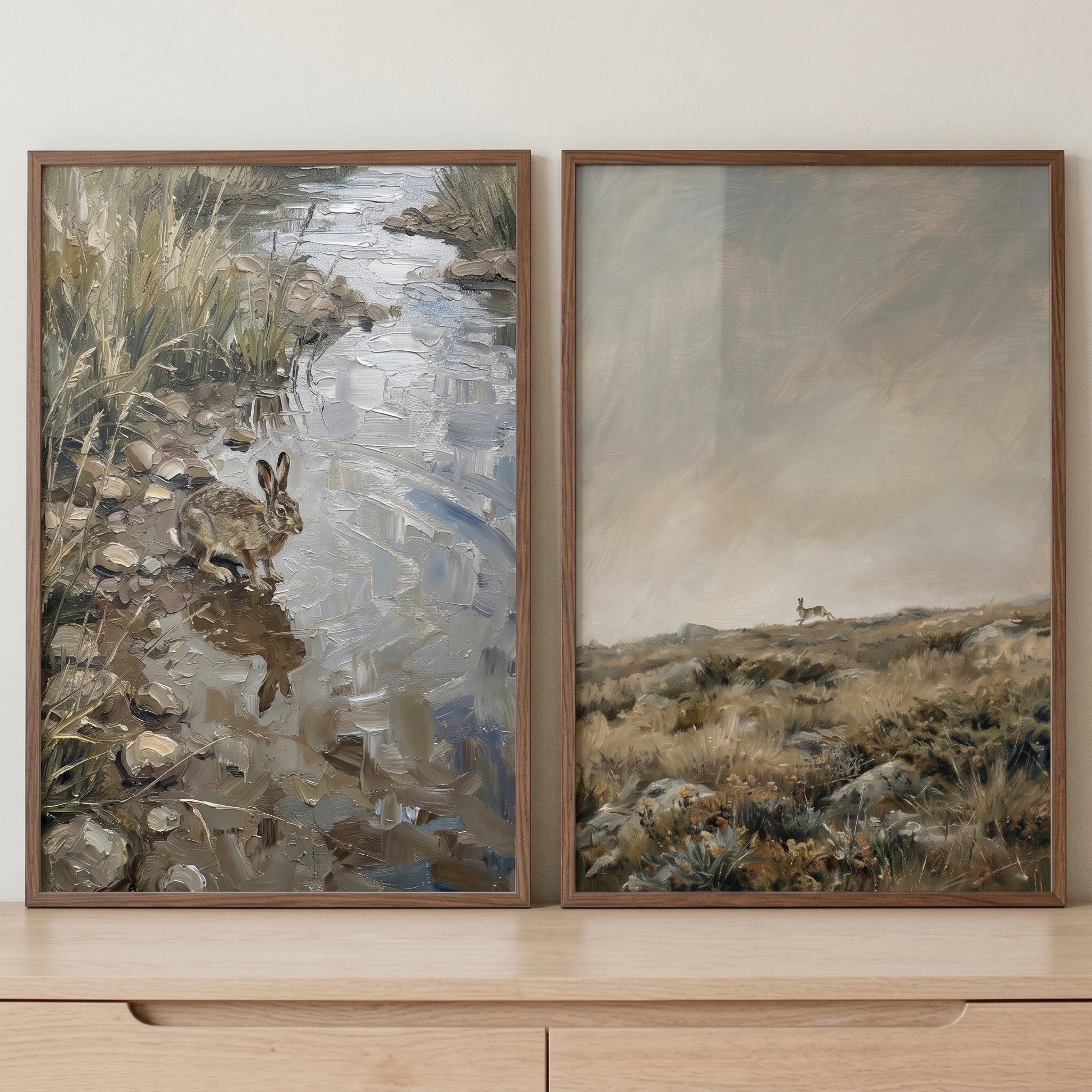 Earthy Neutral Landscape Hare Wall Art Set of 2 - Wild Hare Journey