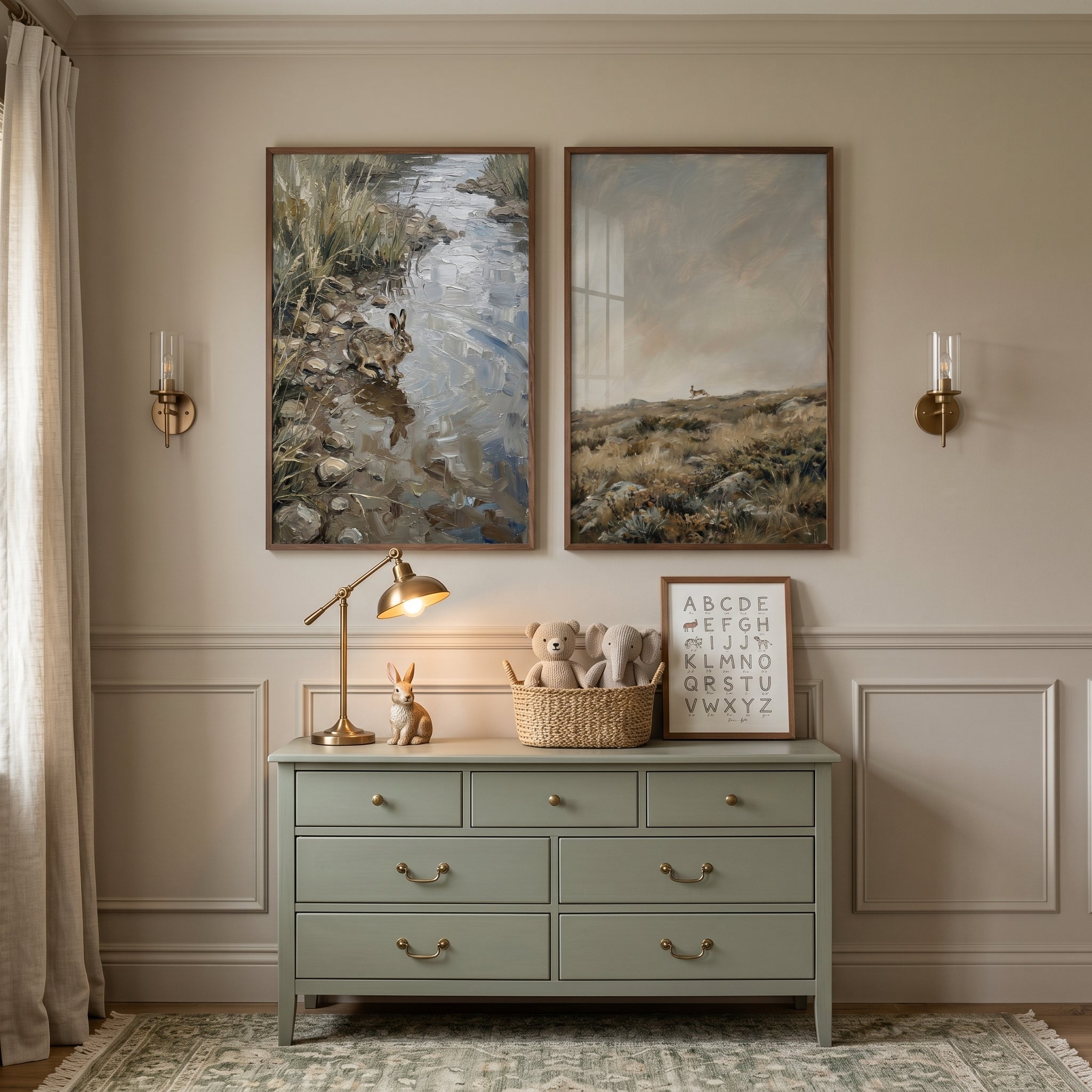 Earthy Neutral Landscape Hare Wall Art Set of 2 - Wild Hare Journey