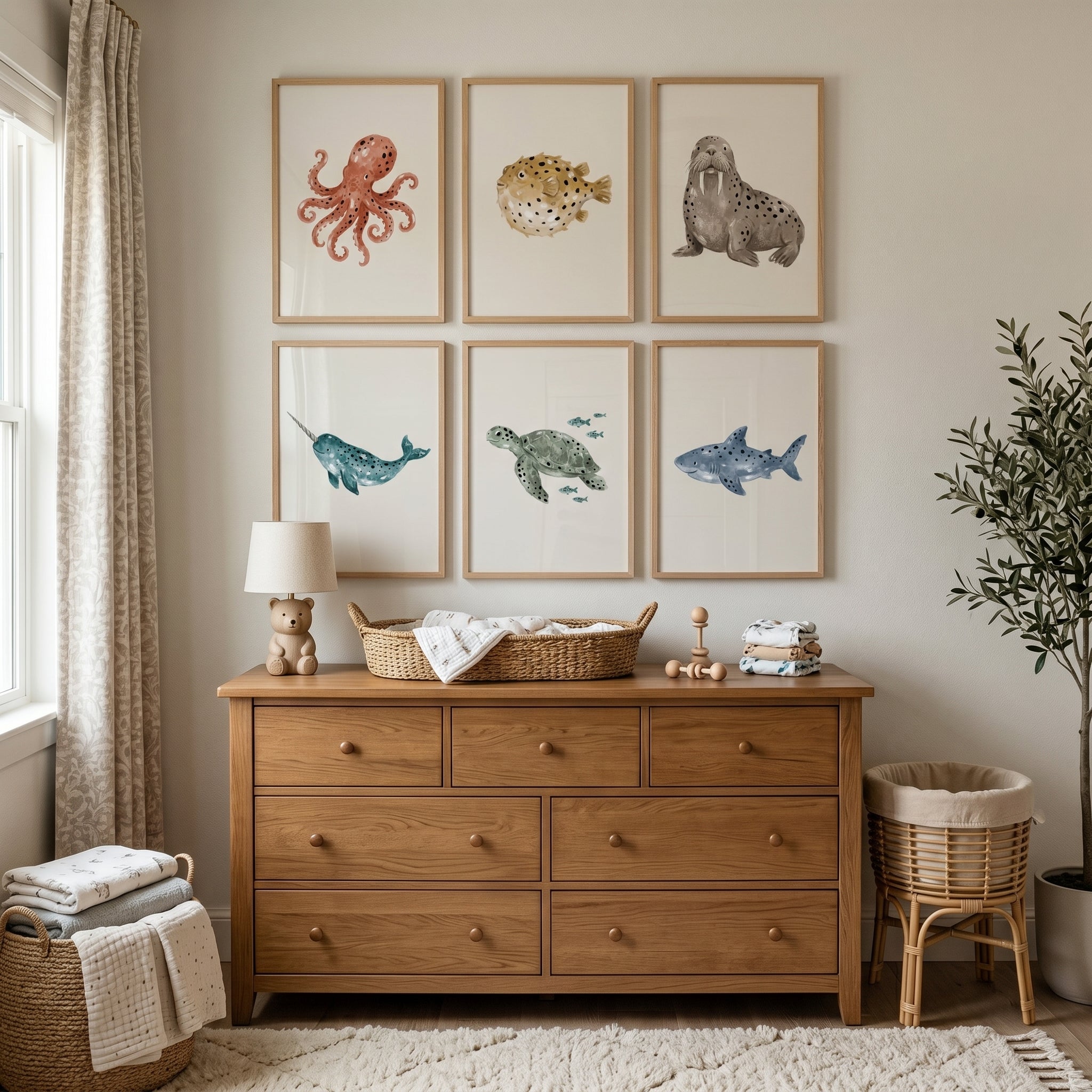 Earthy Neutral Ocean Animal Wall Art Set of 6 - Ocean Friends Collection