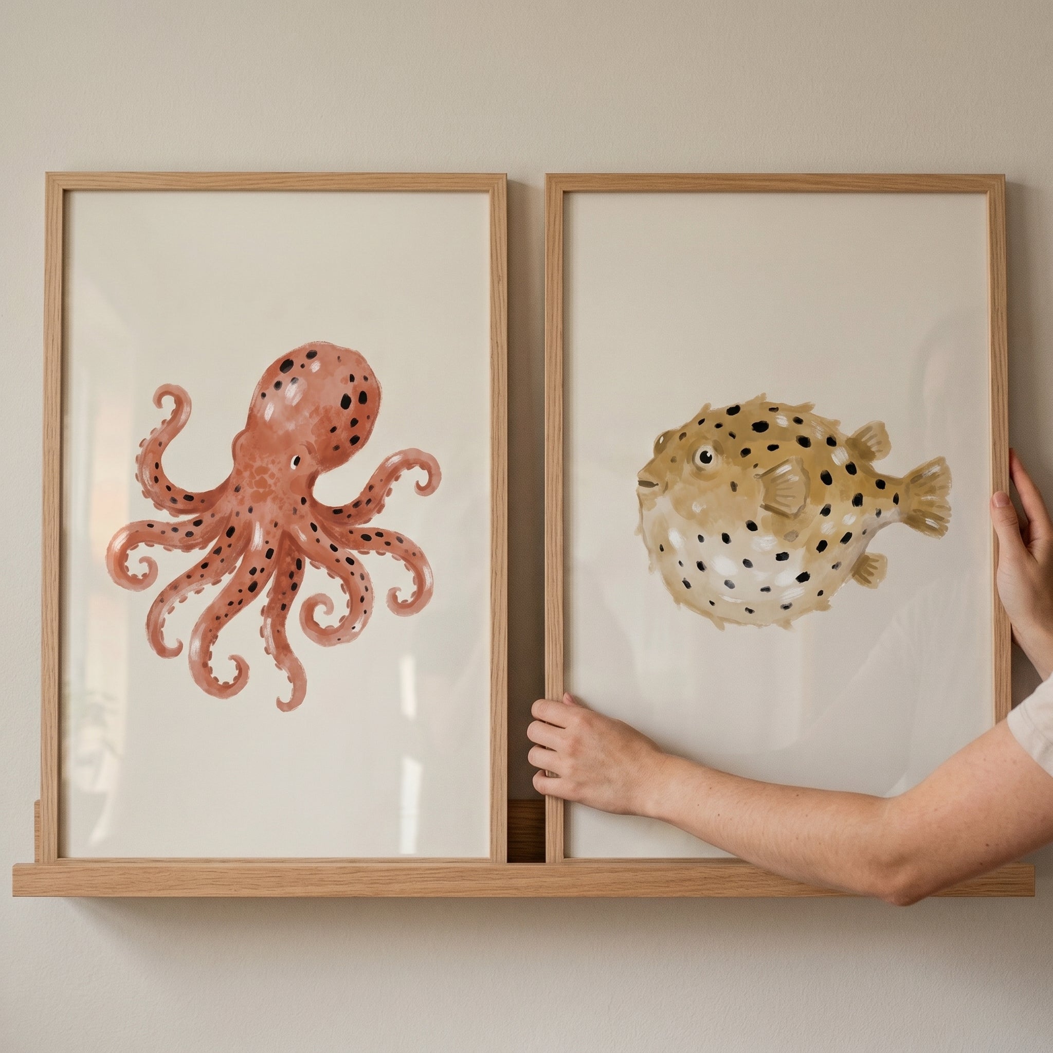 Earthy Neutral Sea Creature Wall Art Set of 2 - Spotted Ocean Life