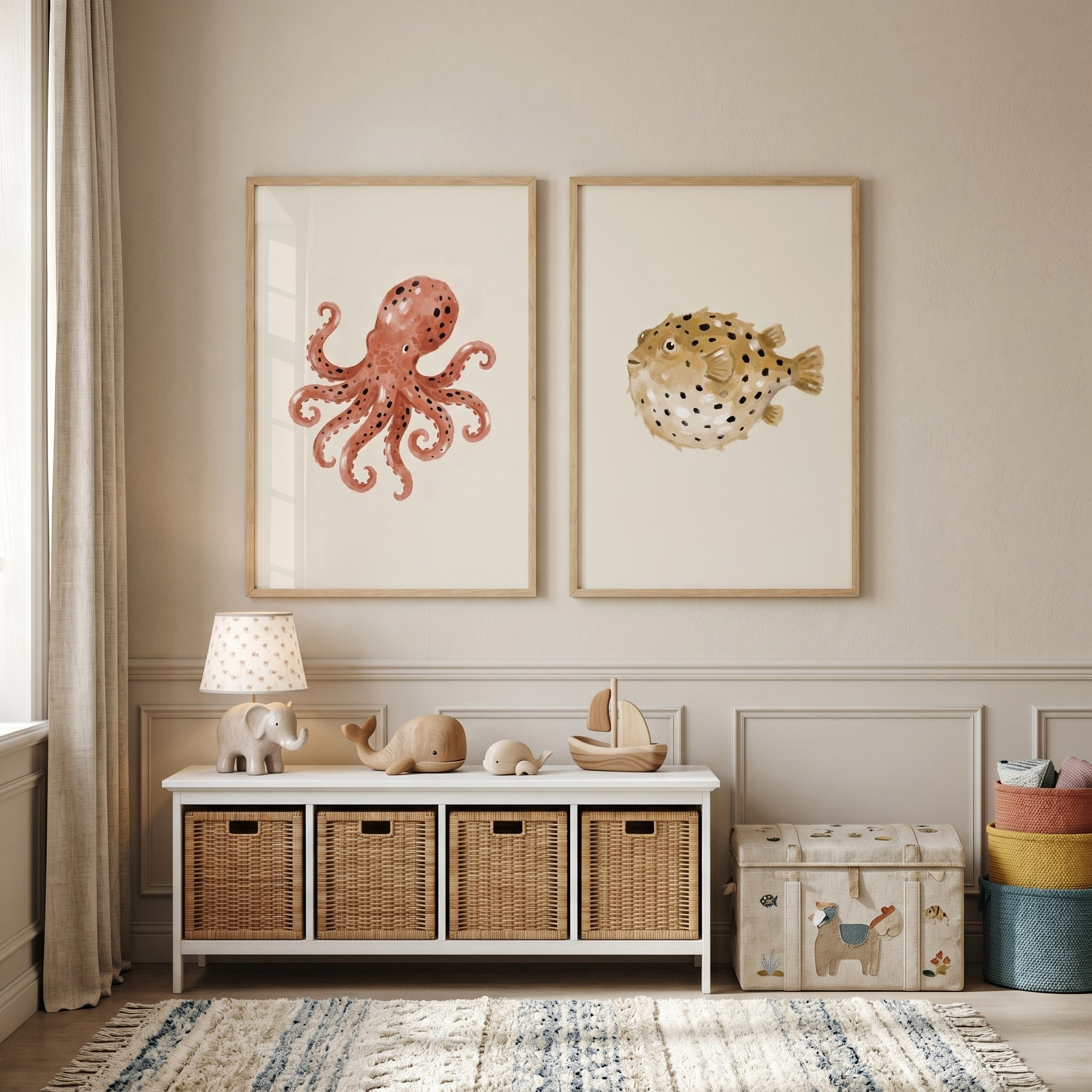 Earthy Neutral Sea Creature Wall Art Set of 2 - Spotted Ocean Life