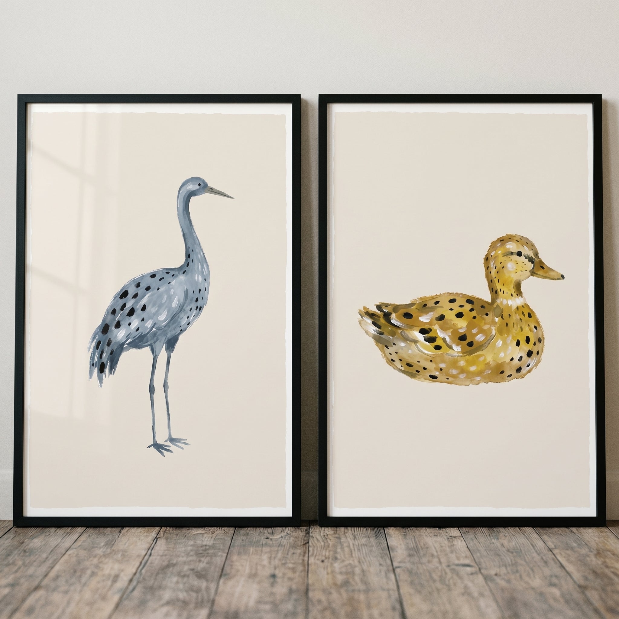 Earthy Neutral Stippled Birds Wall Art Set of 2 - Spotted Avian Pair