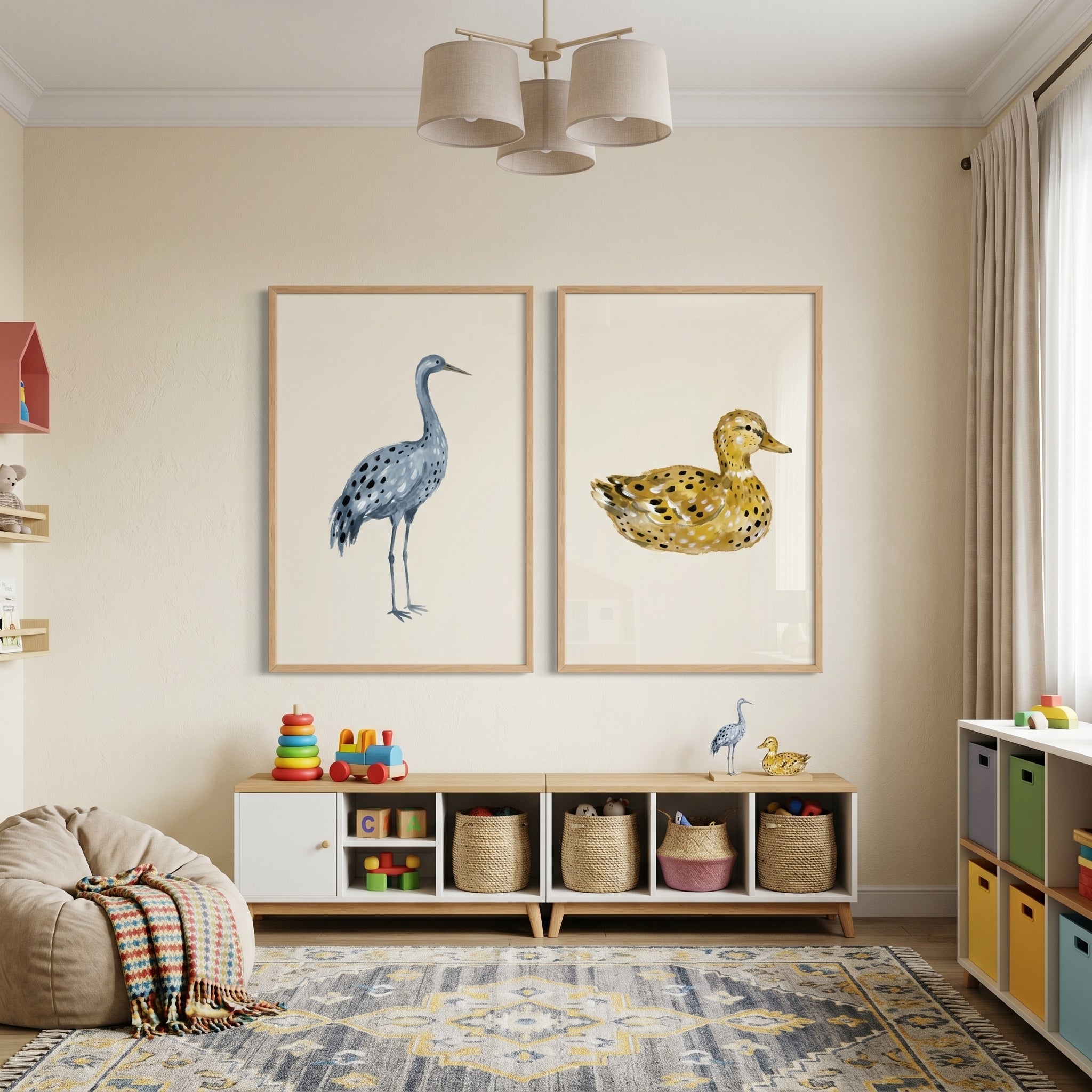 Earthy Neutral Stippled Birds Wall Art Set of 2 - Spotted Avian Pair