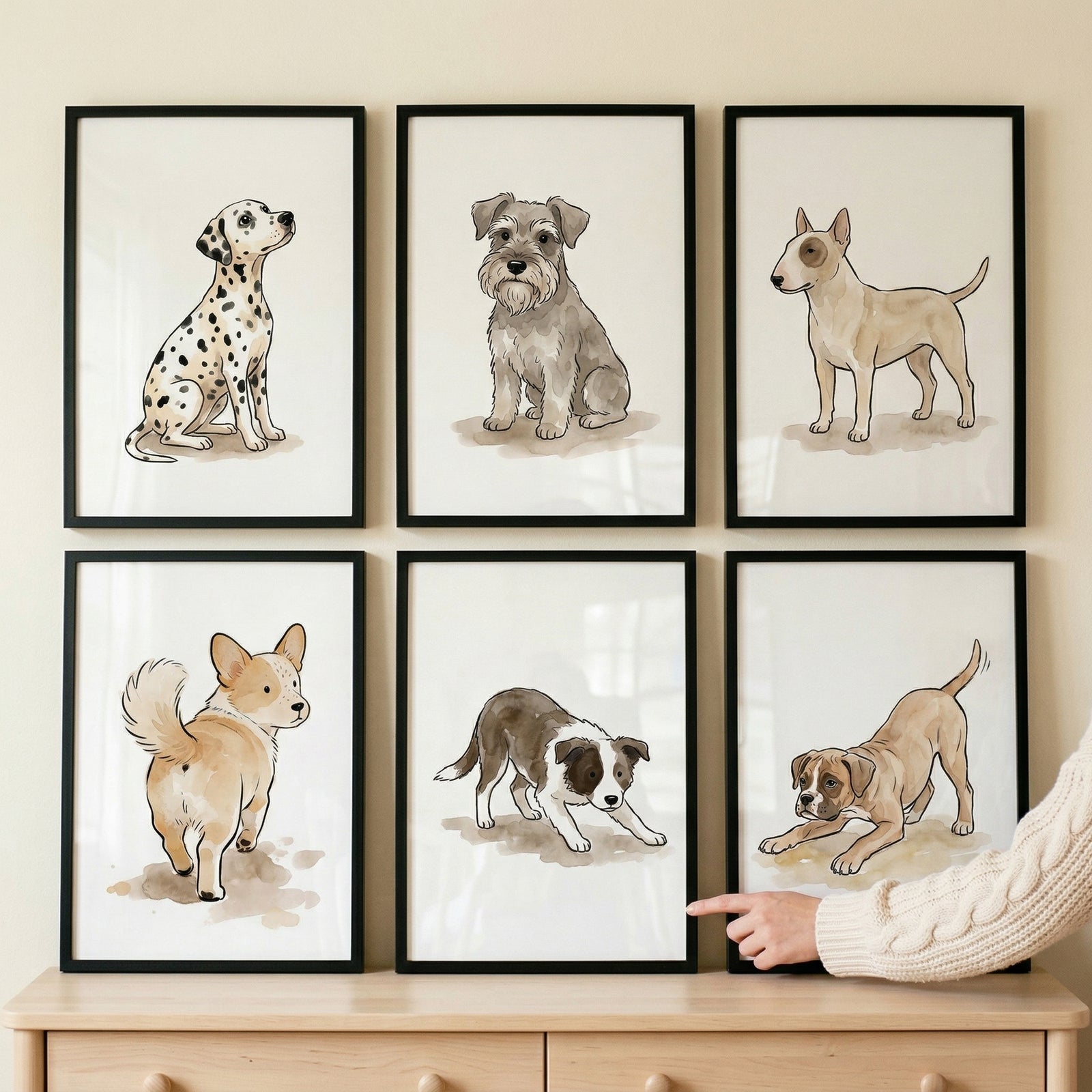 This image showcases a set of six framed watercolor illustrations of different dog breeds, neatly arranged in a two-by-three grid on a neutral-toned wall. 
