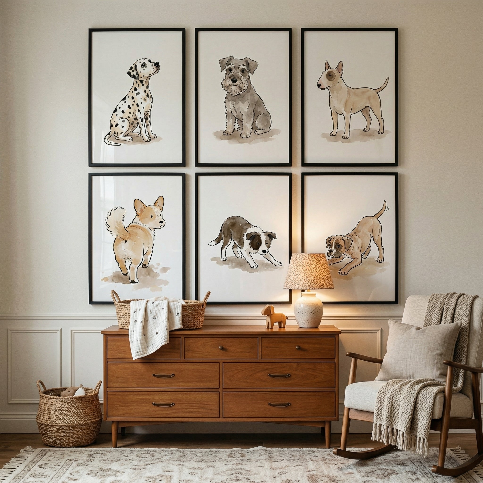 Earthy Neutral Watercolor Dog Wall Art Set of 6 - Whimsical Puppy Sketches