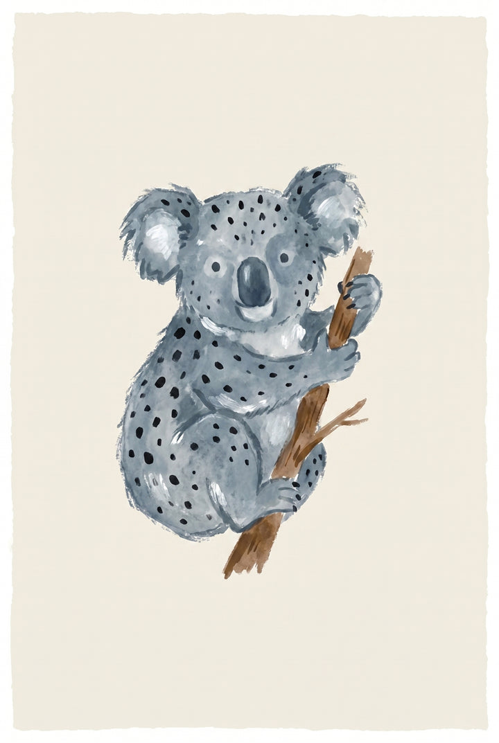 Grey spotted koala clinging to a brown branch in this earthy neutral watercolor koala wall art on a cream background.