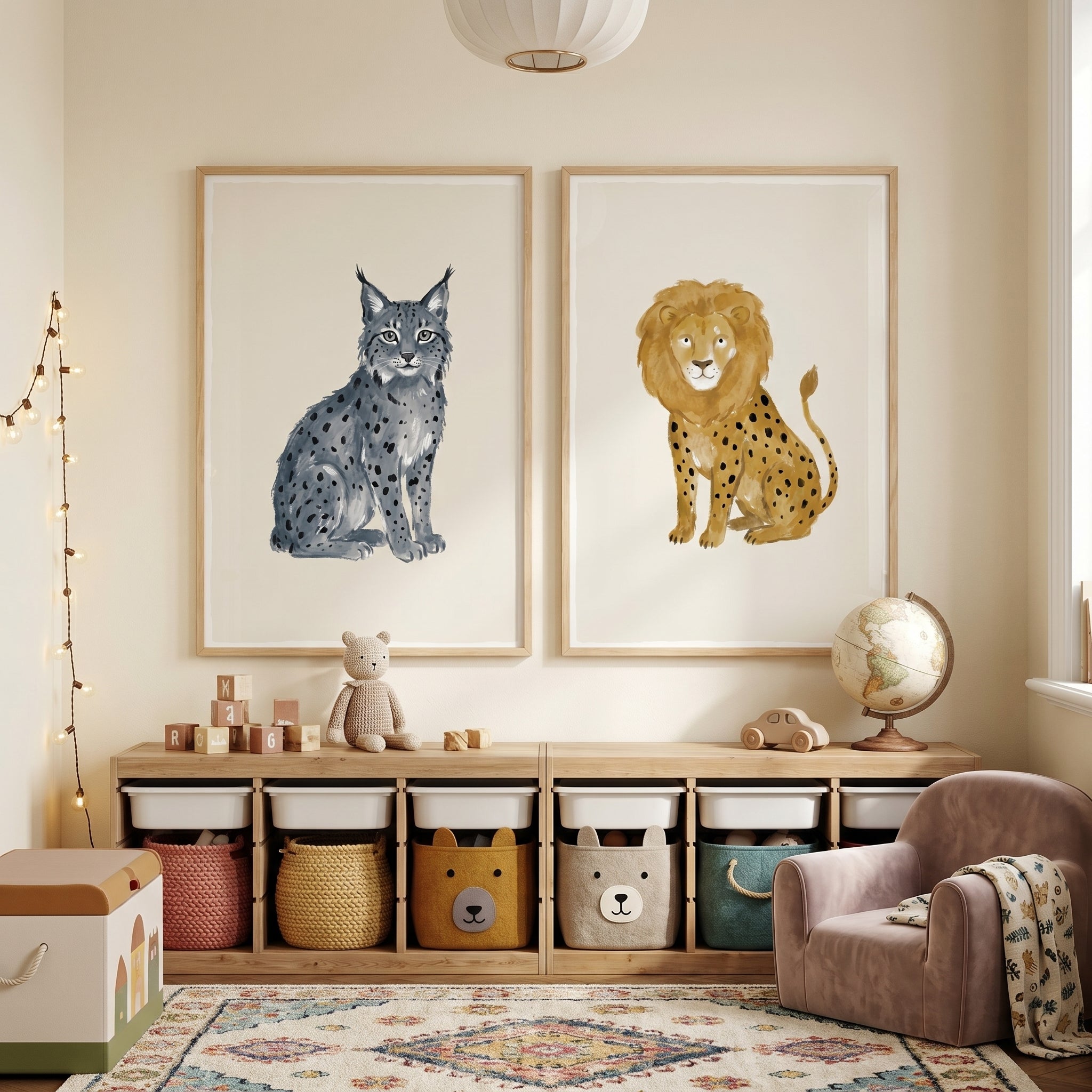 Earthy Neutral Wild Cat Artwork Set of 2 - Spotted Feline Duo