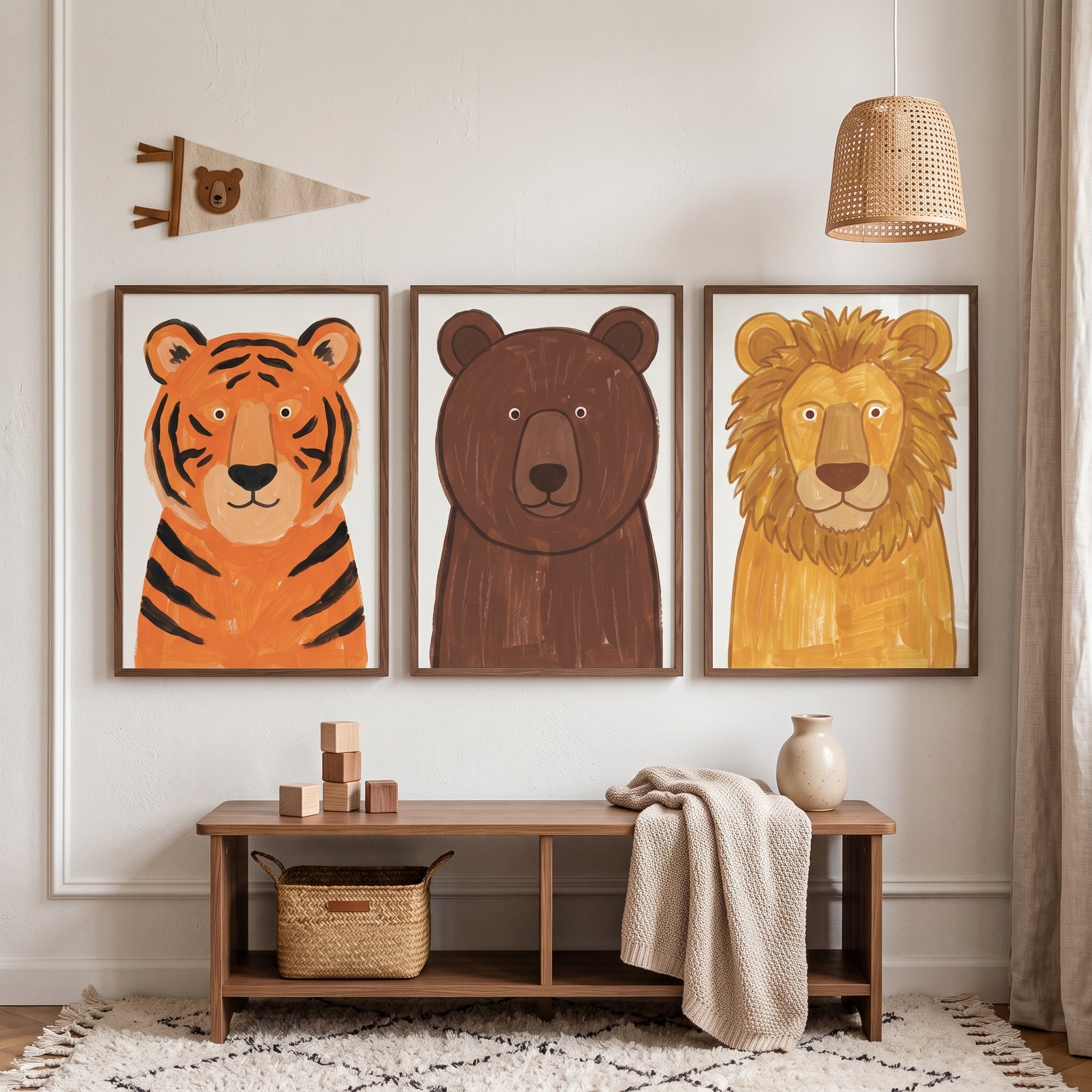 Earthy Nursery Wild Animals Wall Art Set Of 3 - Friendly Forest Faces