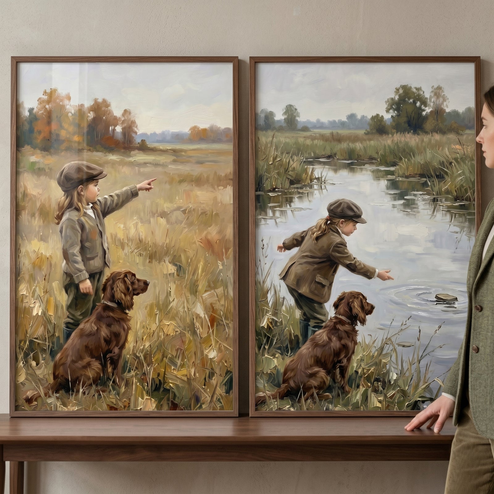Earthy oil style boy dog artwork set of 2 features a child and a dog in a golden field and by a stream in autumn.