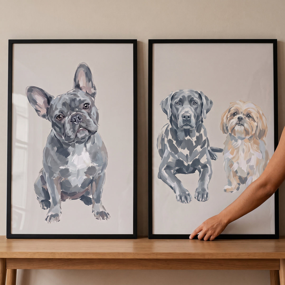 French Bulldog, Labrador, and Shih Tzu earthy painterly pet dog wall art set of 2 sitting on a wooden table.
