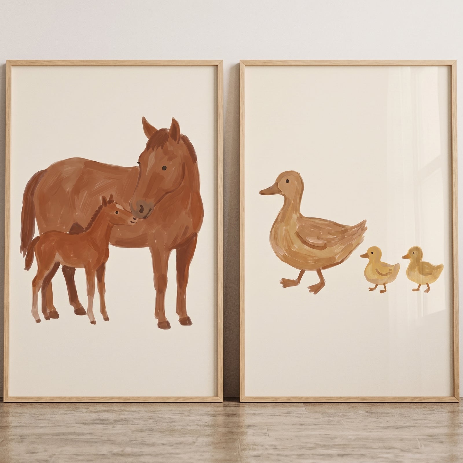 Brown horse with foal and duck with ducklings in an earthy palette farm animals wall art set of 2.