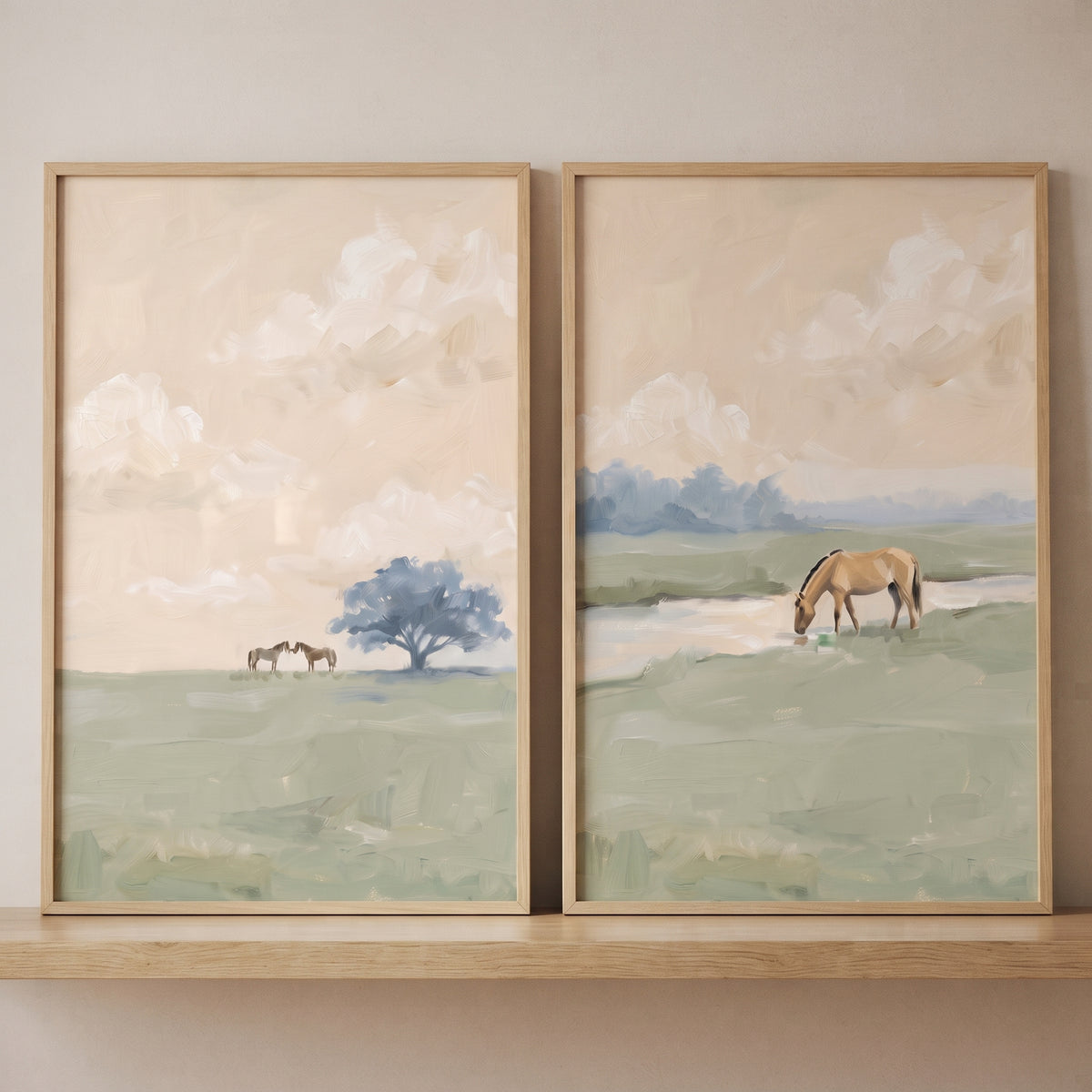 Earthy palette pasture horse wall art set of 2 featuring horses in a soft landscape with muted green and beige tones.