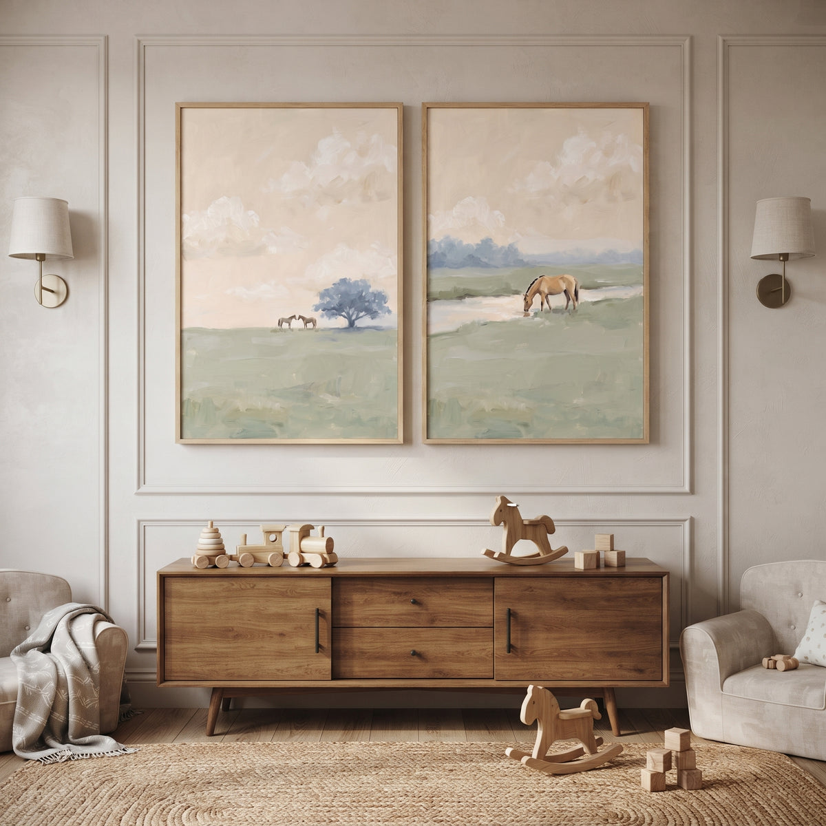 Earthy Palette Pasture Horse Wall Art Set of 2 - Quiet Pasture Scenes