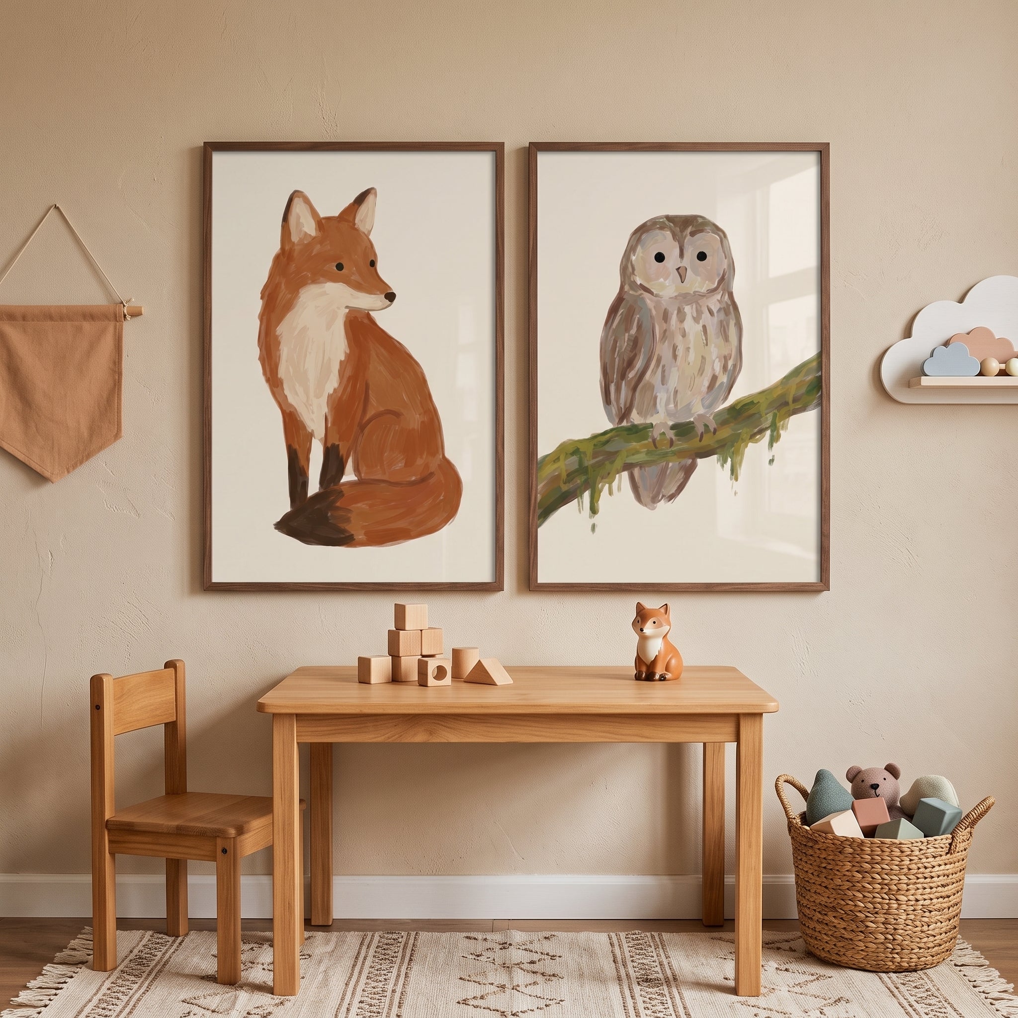 Earthy Palette Woodland Animals Wall Art Set of 2 - Nature's Quiet Pair