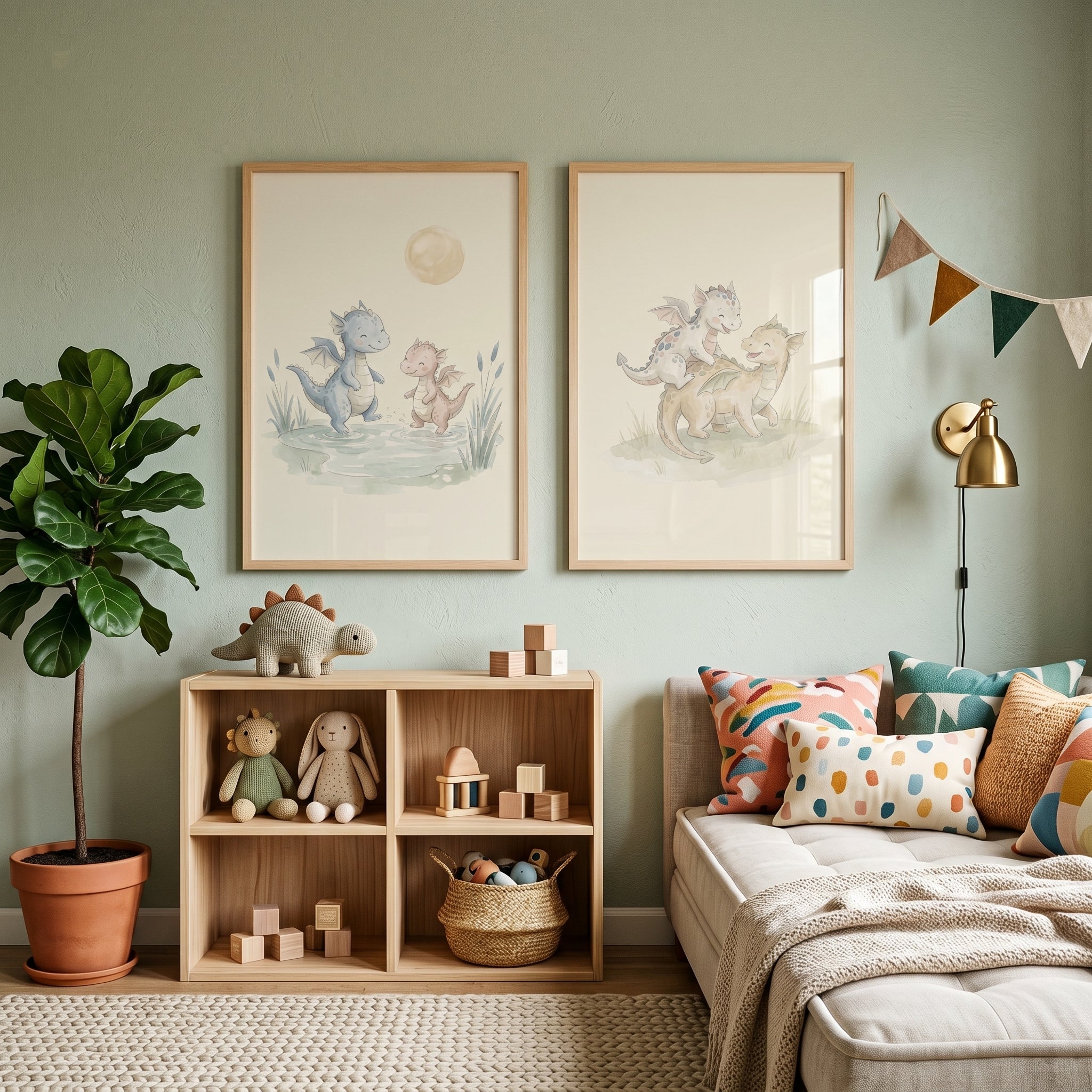 Earthy Pastel Baby Dragons Wall Art Set of 2 - Playful Baby Dragons