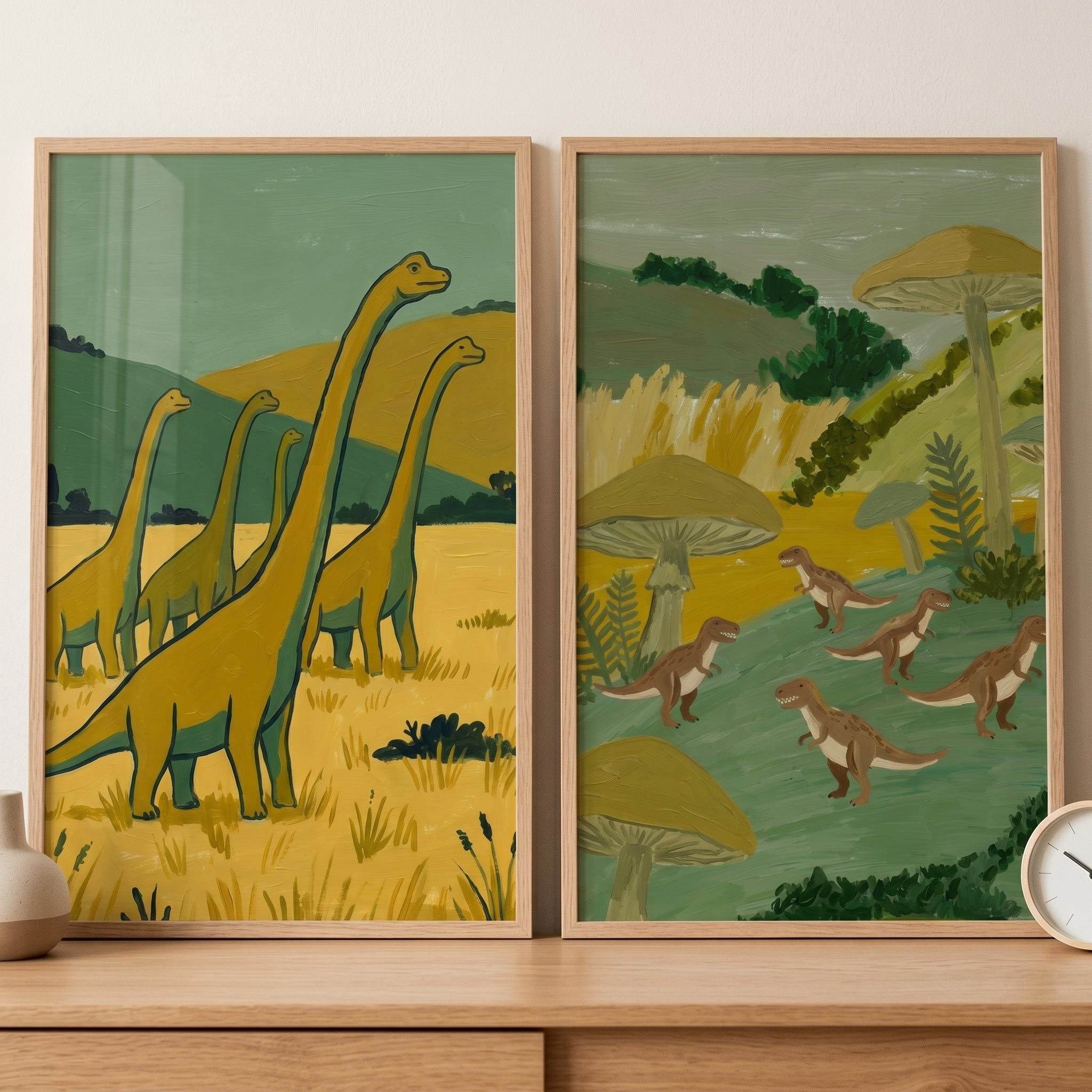 Earthy Prehistoric Landscape Dinosaur Wall Art Set of 2 - Prehistoric Giants