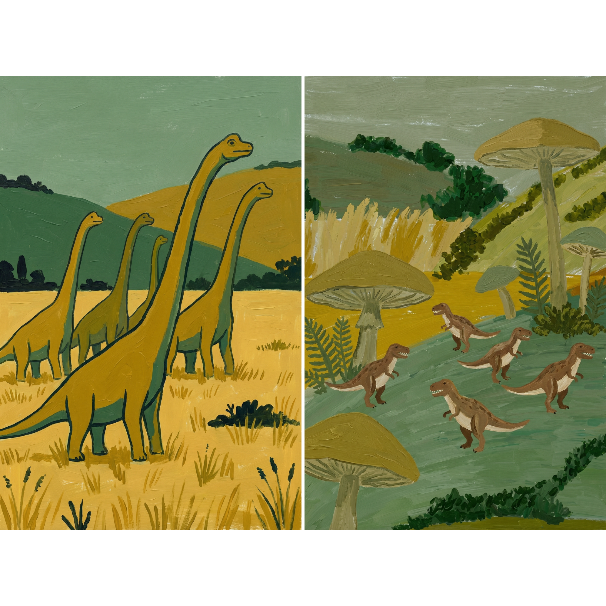 Earthy Prehistoric Landscape Dinosaur Wall Art Set of 2 - Prehistoric Giants