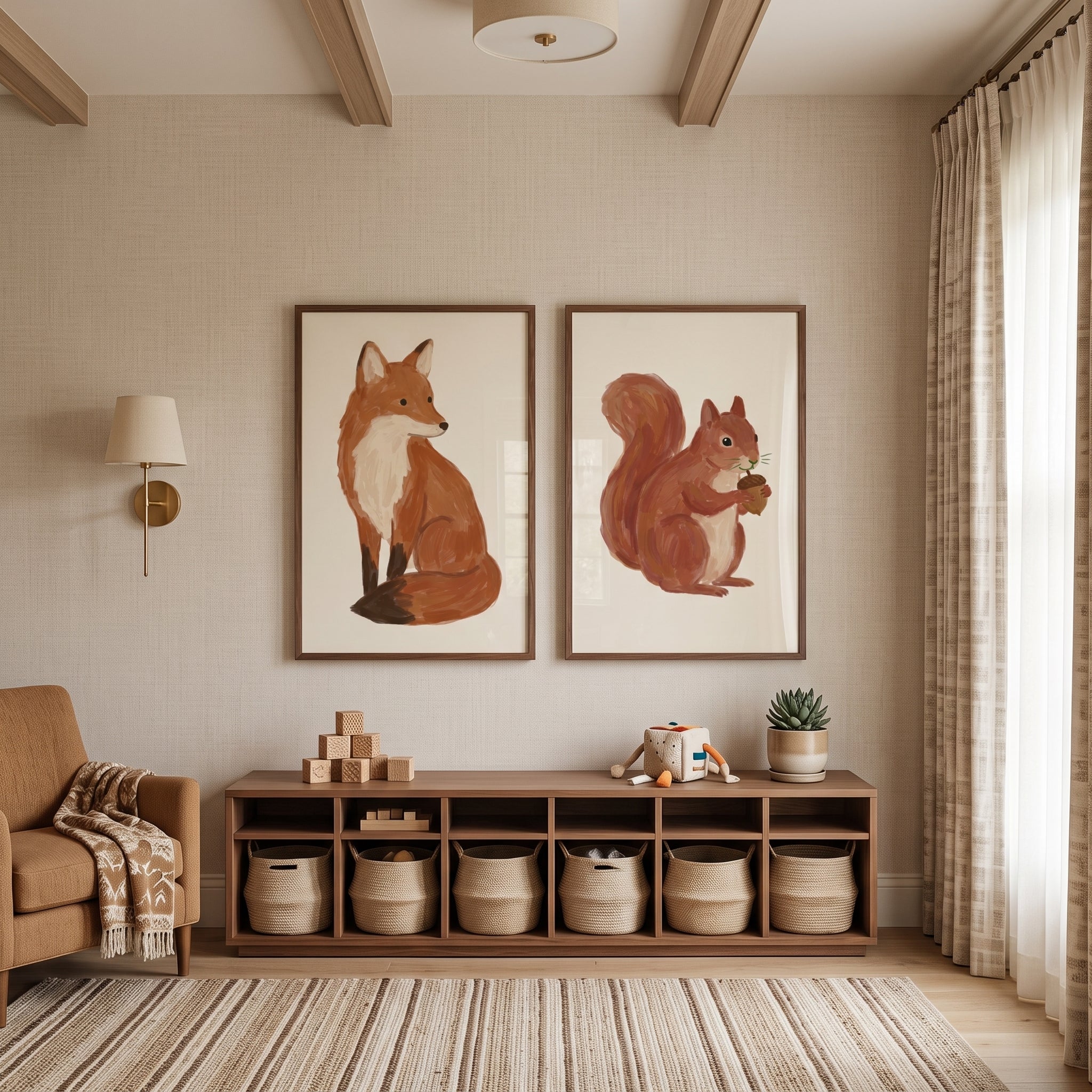 Earthy Rust Woodland Animals Wall Art Set of 2 - Woodland Friends Duo