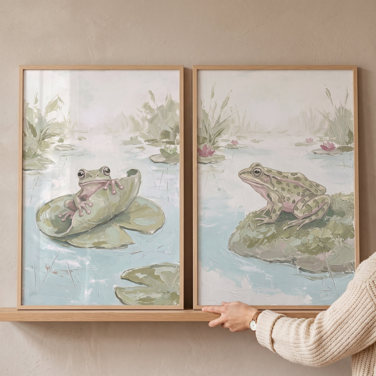 Earthy Sage Green Frog Wall Art Set of 2 - Mossy Marsh Friends