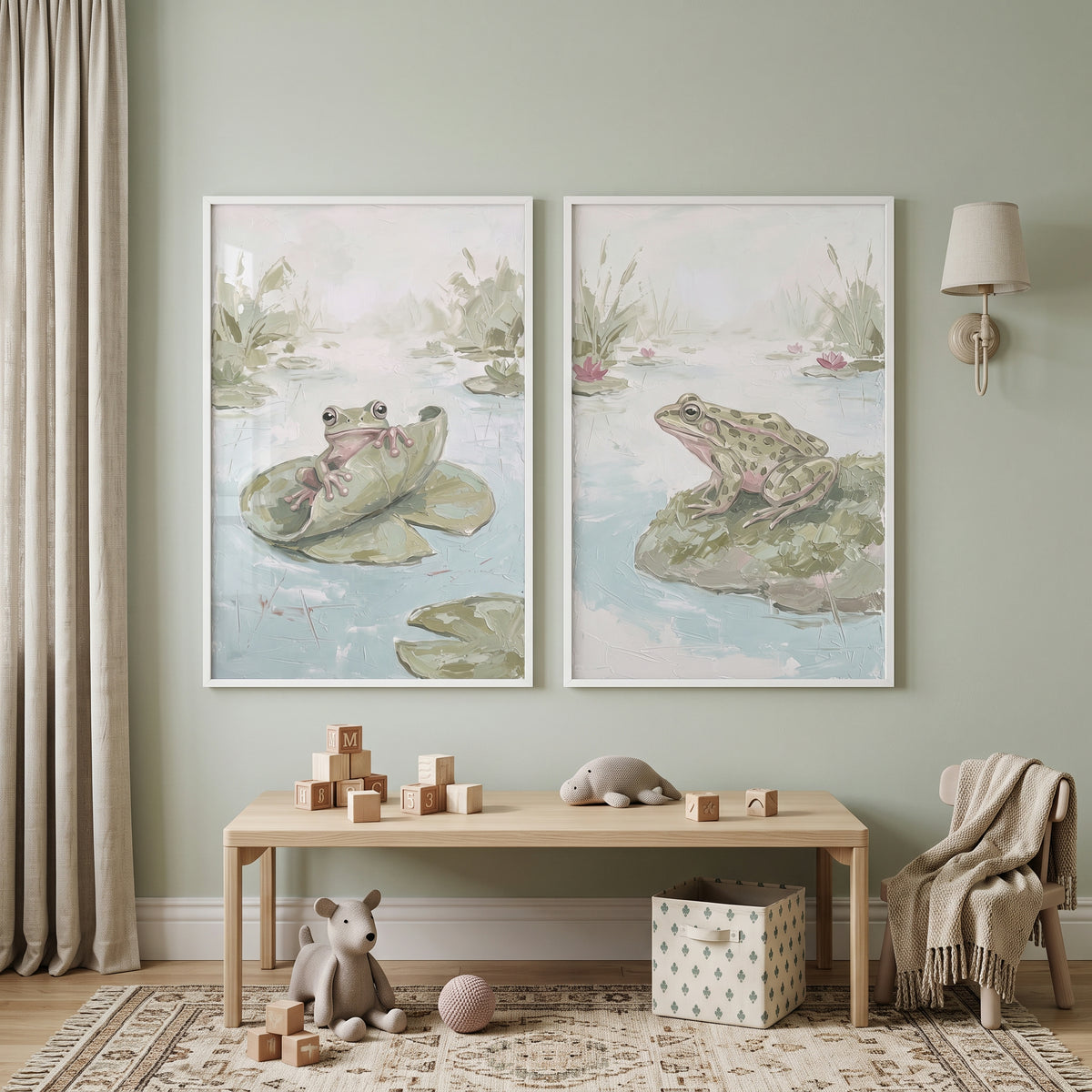 Earthy Sage Green Frog Wall Art Set of 2 - Mossy Marsh Friends