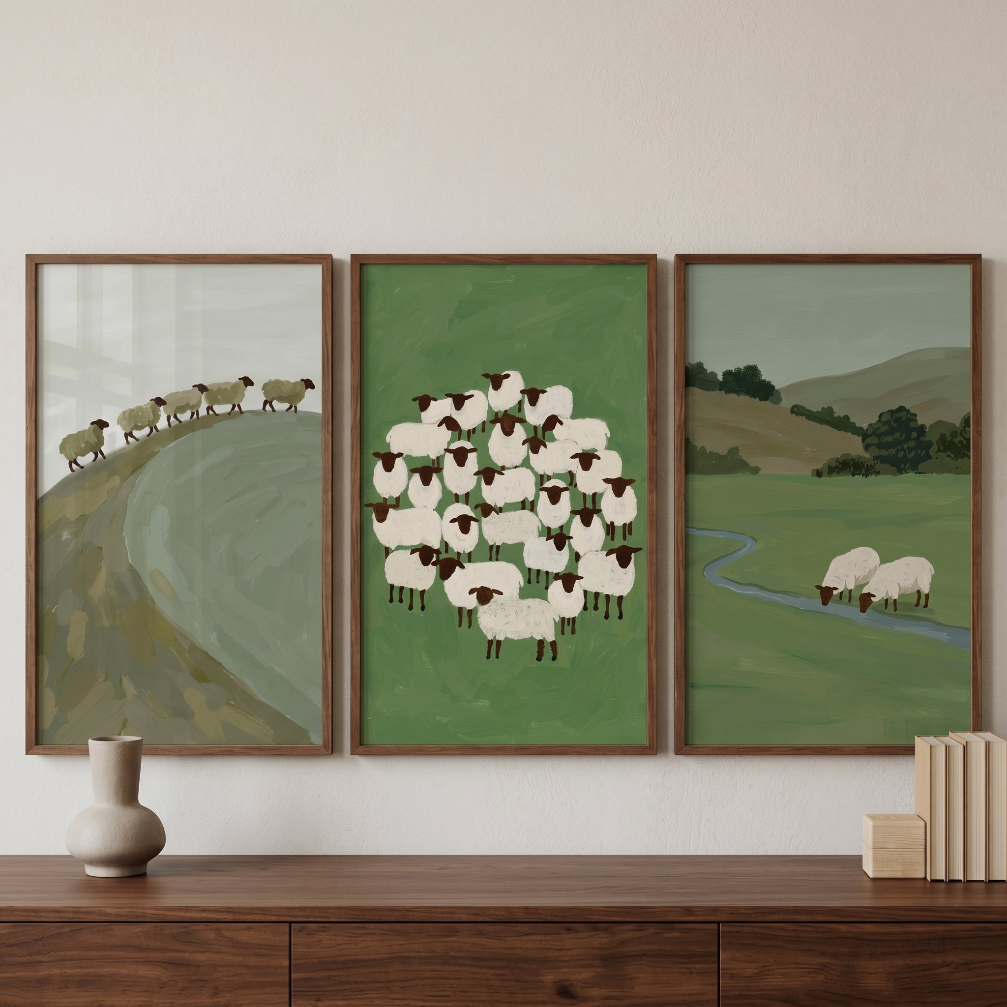Earthy Sage Green Sheep Wall Art Set of 3 - Gentle Country Flock