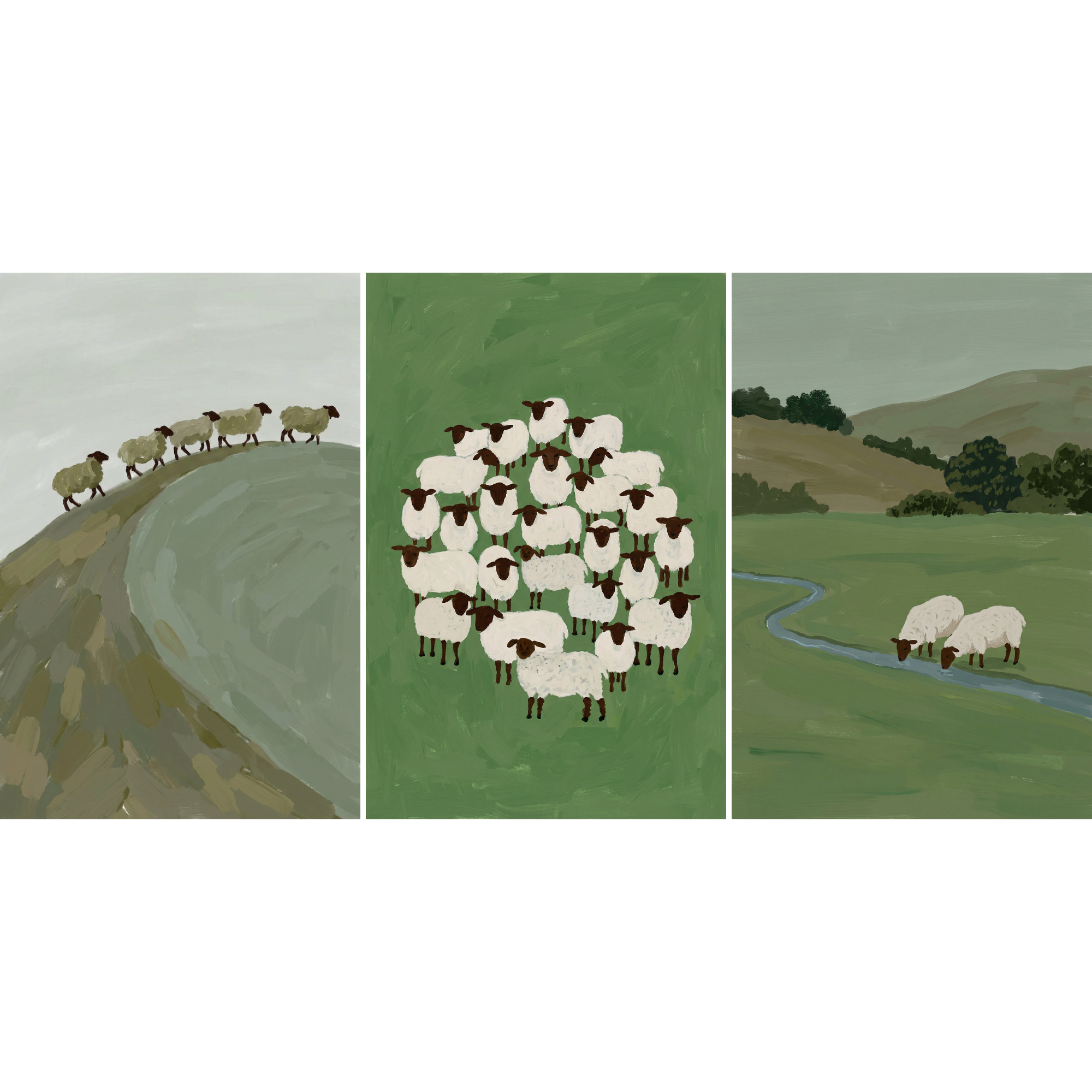 Earthy Sage Green Sheep Wall Art Set of 3 - Gentle Country Flock