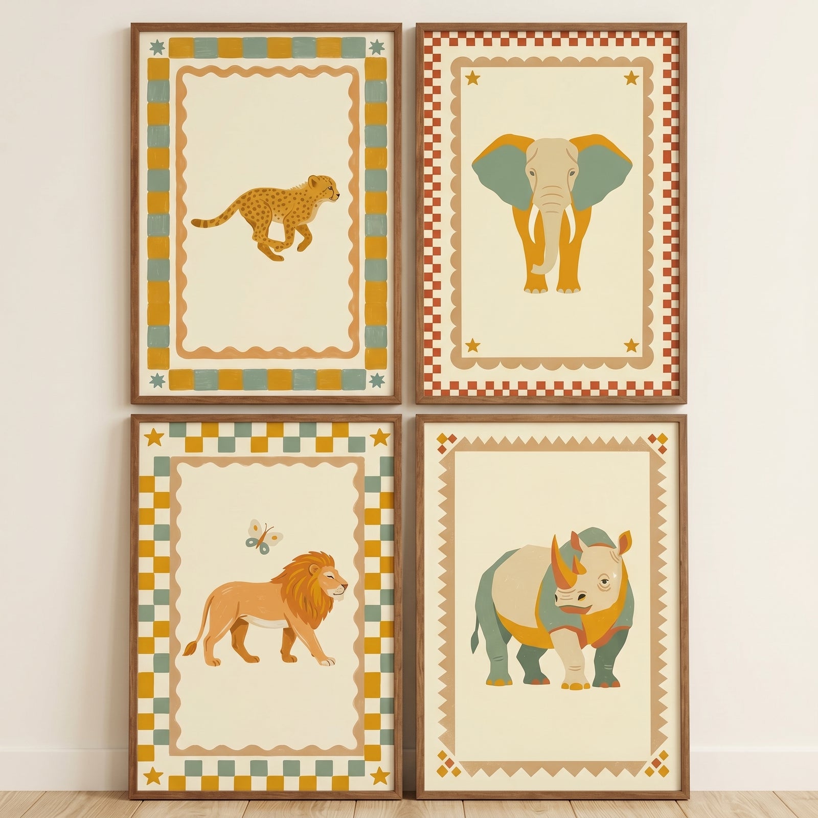 Earthy sage safari animal wall art set of 4 featuring a cheetah, elephant, lion, and rhino with patterned borders.