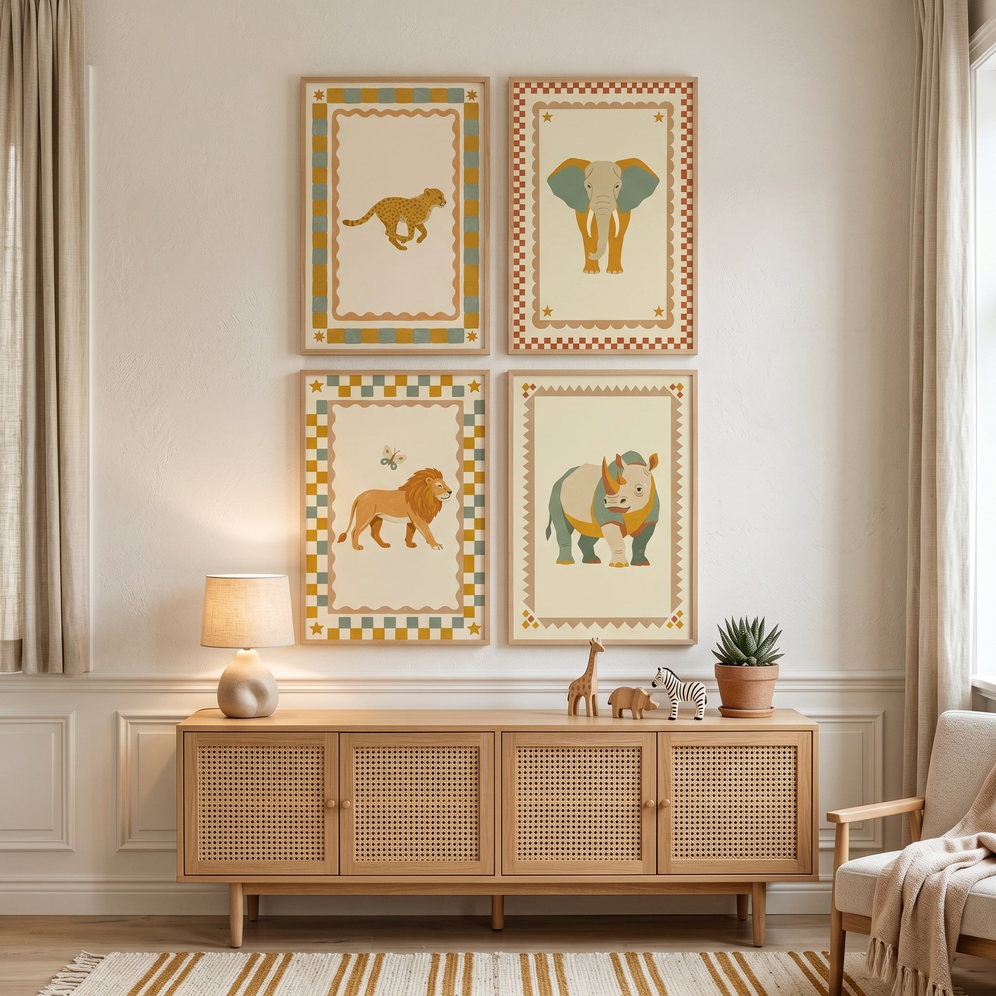 Earthy Sage Safari Animal Wall Art Set of 4 - Savanna Folk Art