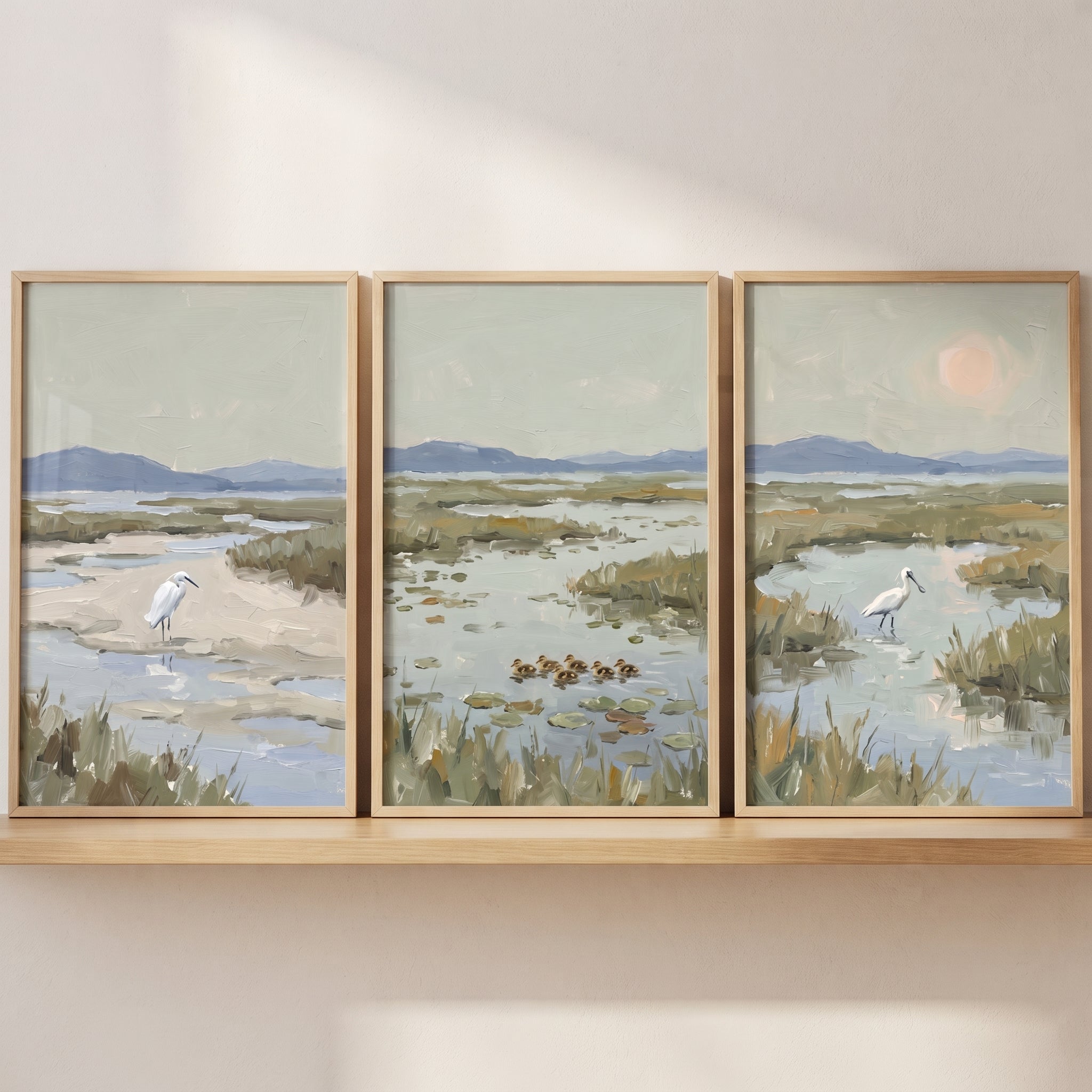 Earthy Sage Wetland Bird Wall Art Set of 3 - Serene Wetland Morning