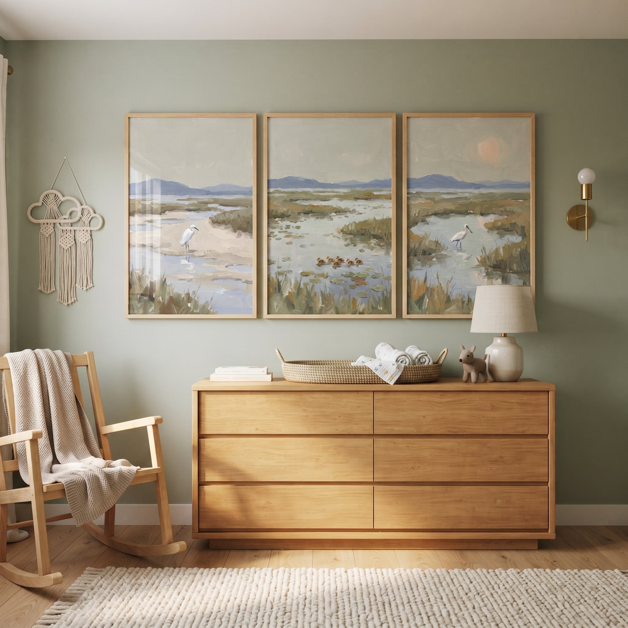 Earthy Sage Wetland Bird Wall Art Set of 3 - Serene Wetland Morning