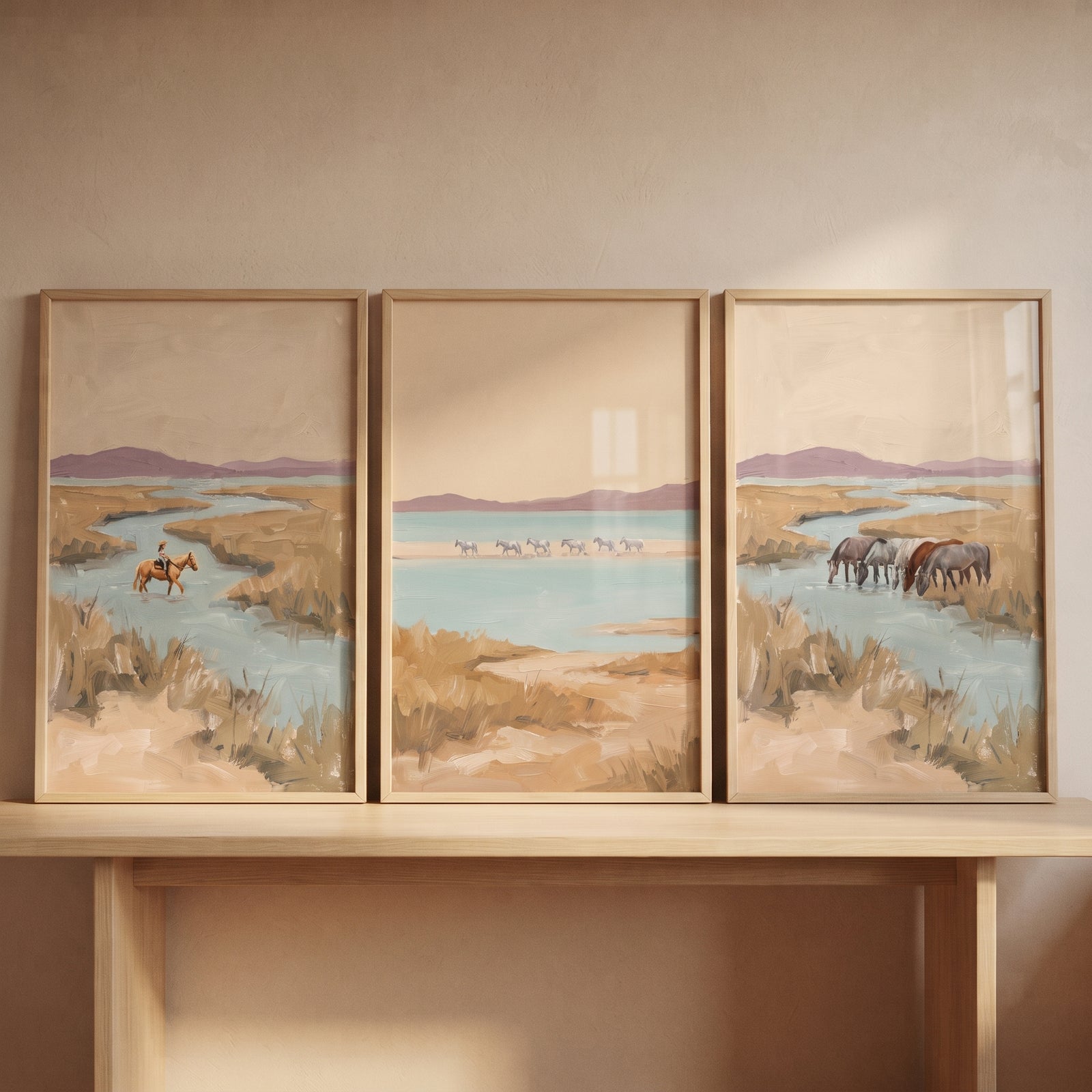 Earthy sand marsh horses wall art set of 3 features horses and a rider in a soft tan and blue coastal landscape.
