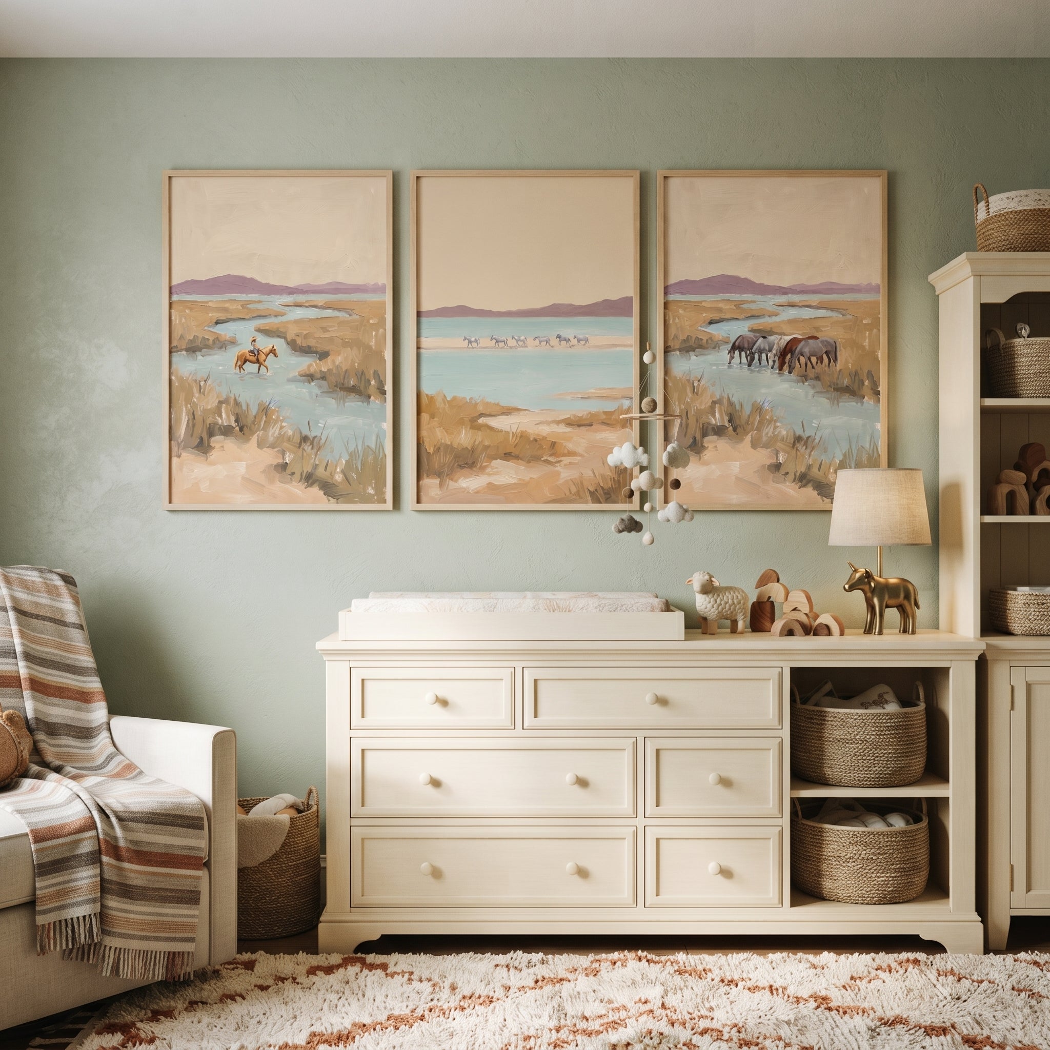 Earthy Sand Marsh Horses Wall Art Set of 3 - Wild River Journey