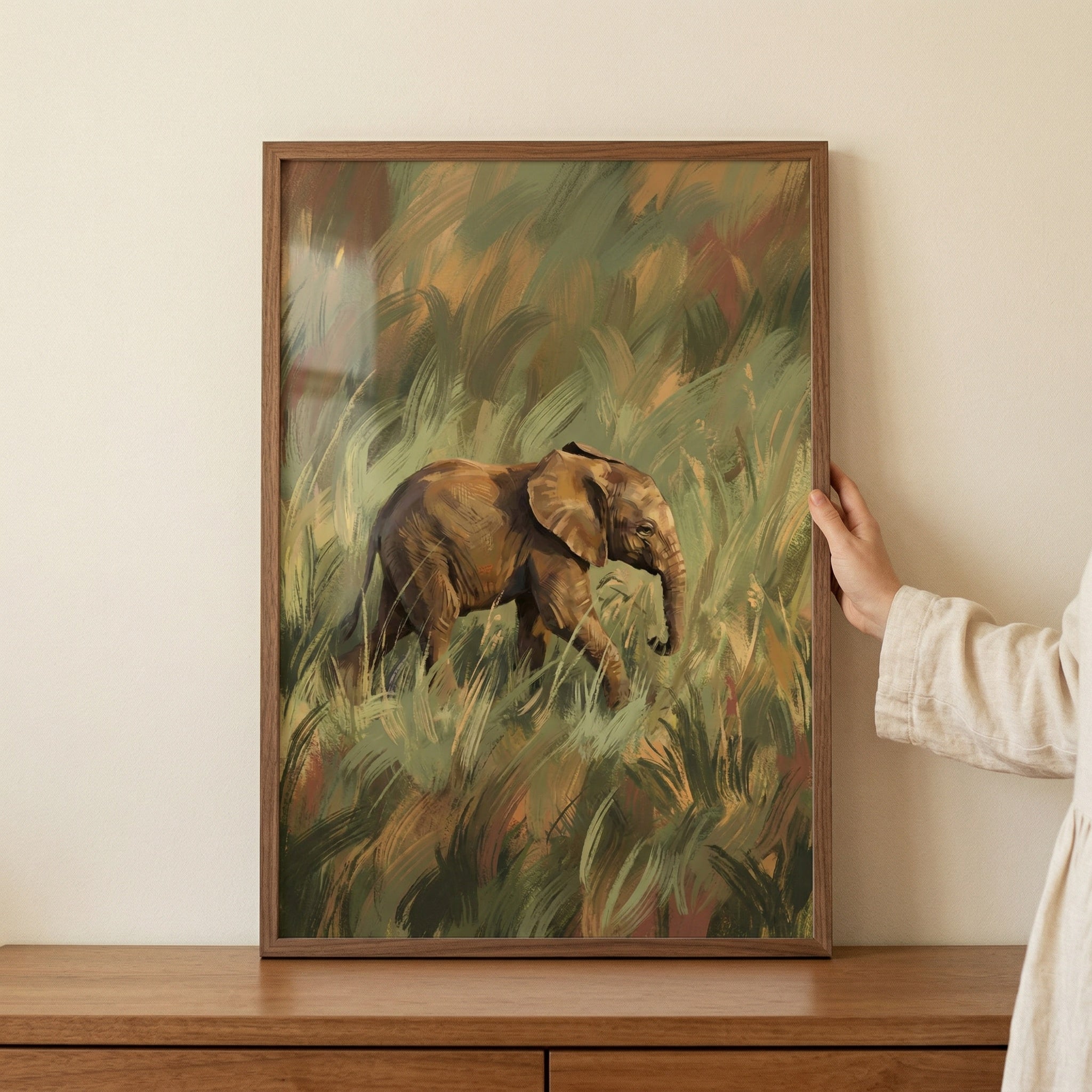 Earthy Savanna Baby Elephant Wall Art - Savannah Stroll