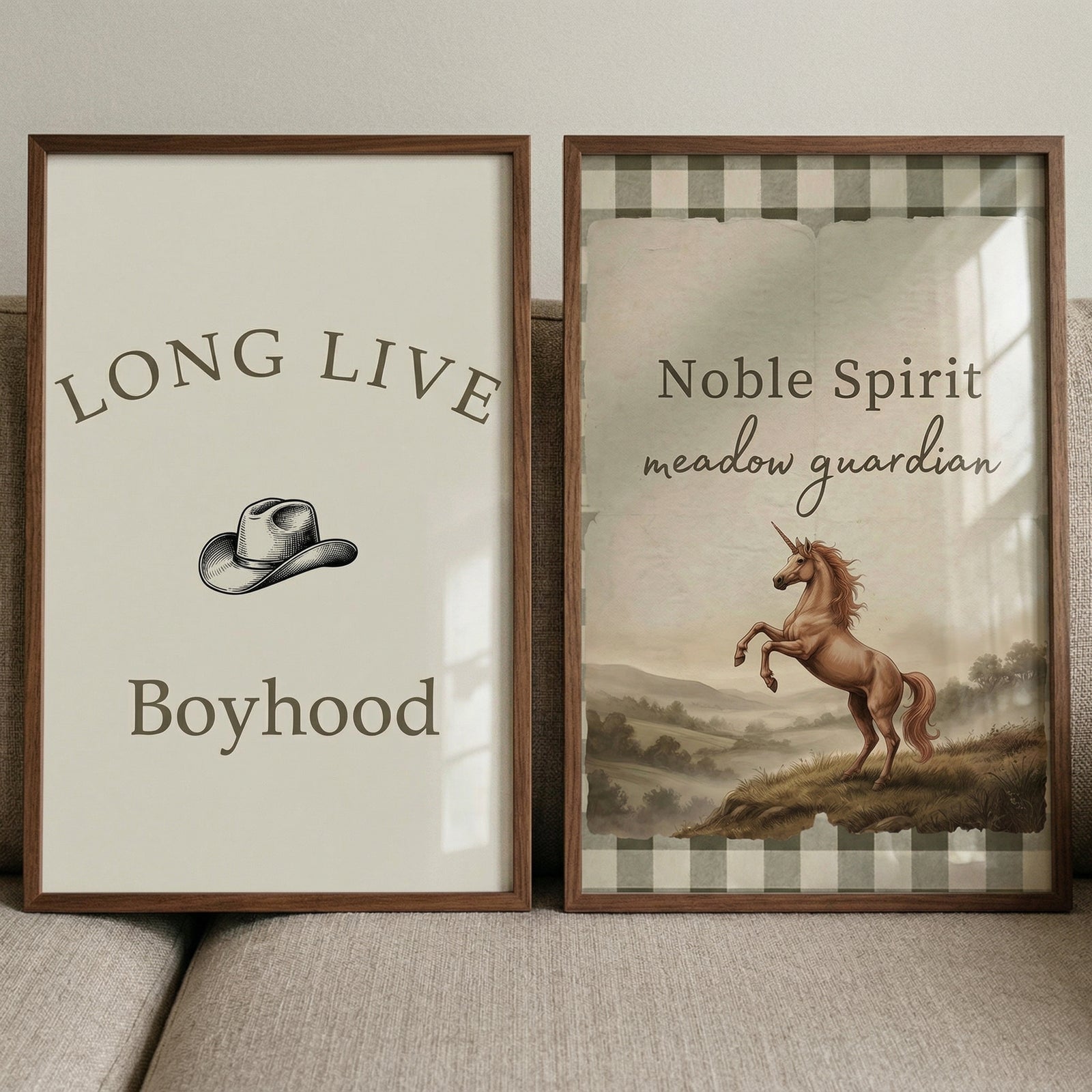 Earthy sepia tone western wall art set of 2 featuring a cowboy hat and a rearing unicorn in a meadow landscape.