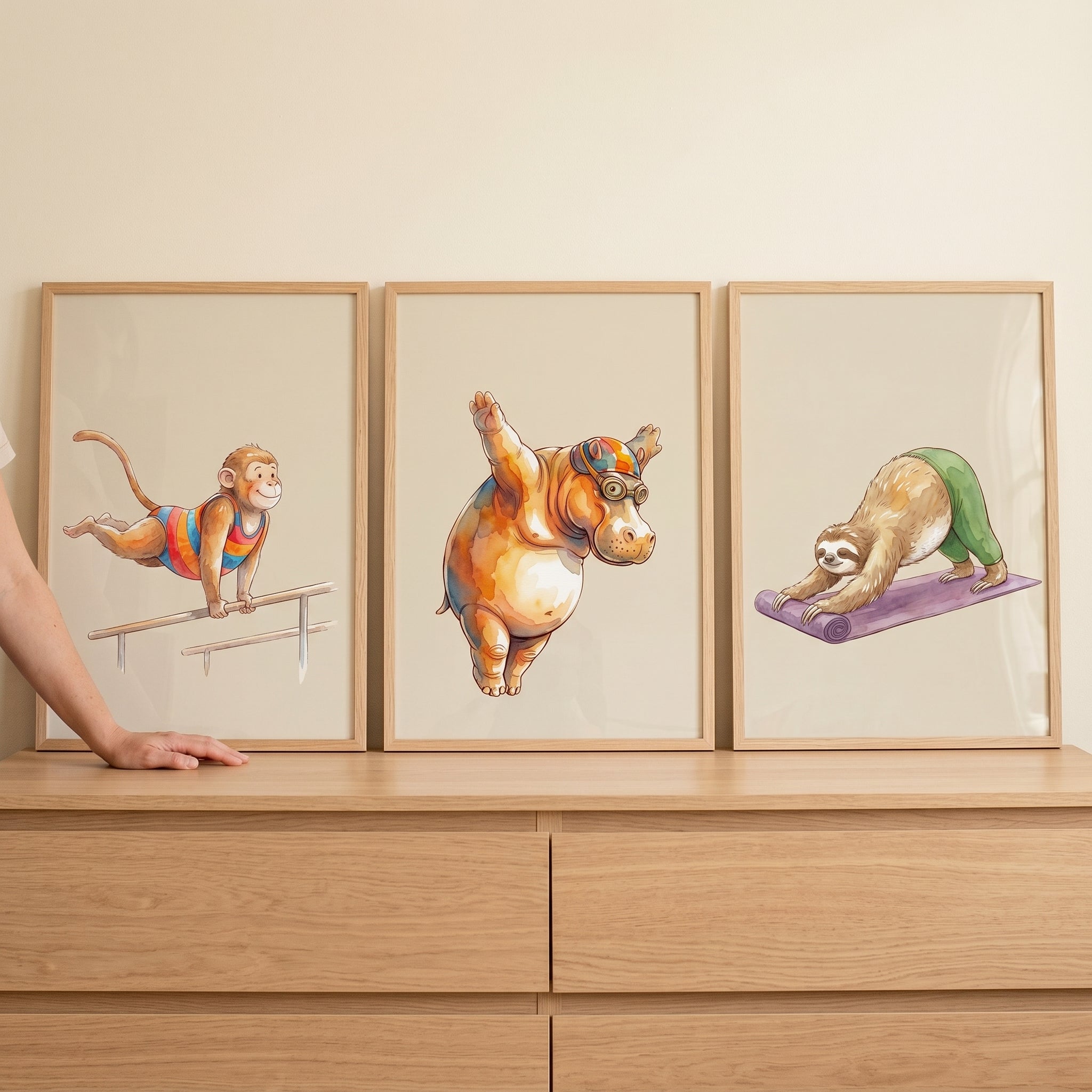 Earthy Sports Animals Wall Art Set of 3 - Athletic Animal Art